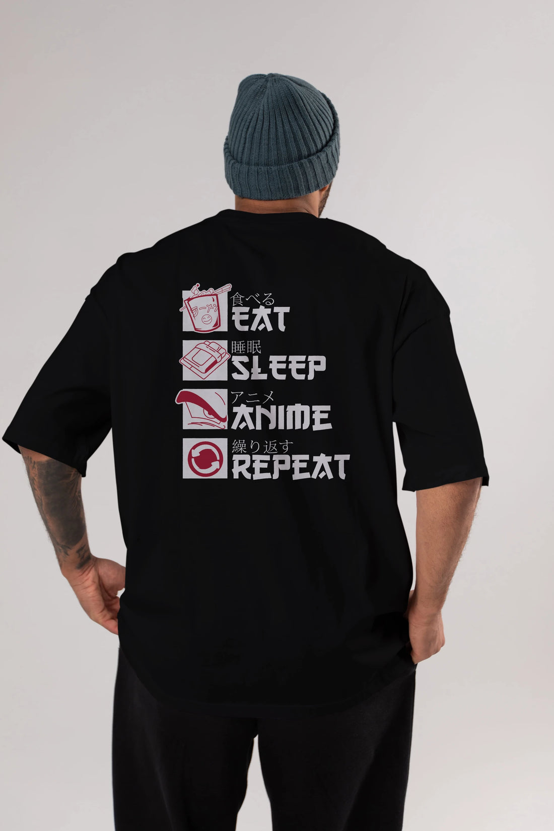 Eat, Sleep, Anime, Repeat Anime Arka Baskılı Oversize t-shirt Erkek Kadın Unisex