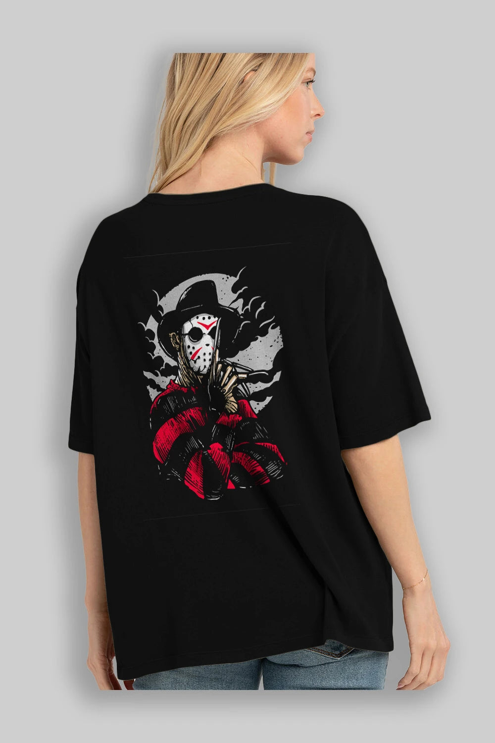 Freddy VS Jason (2) Arka Baskılı Oversize t-shirt Erkek Kadın Unisex %100 Pamuk