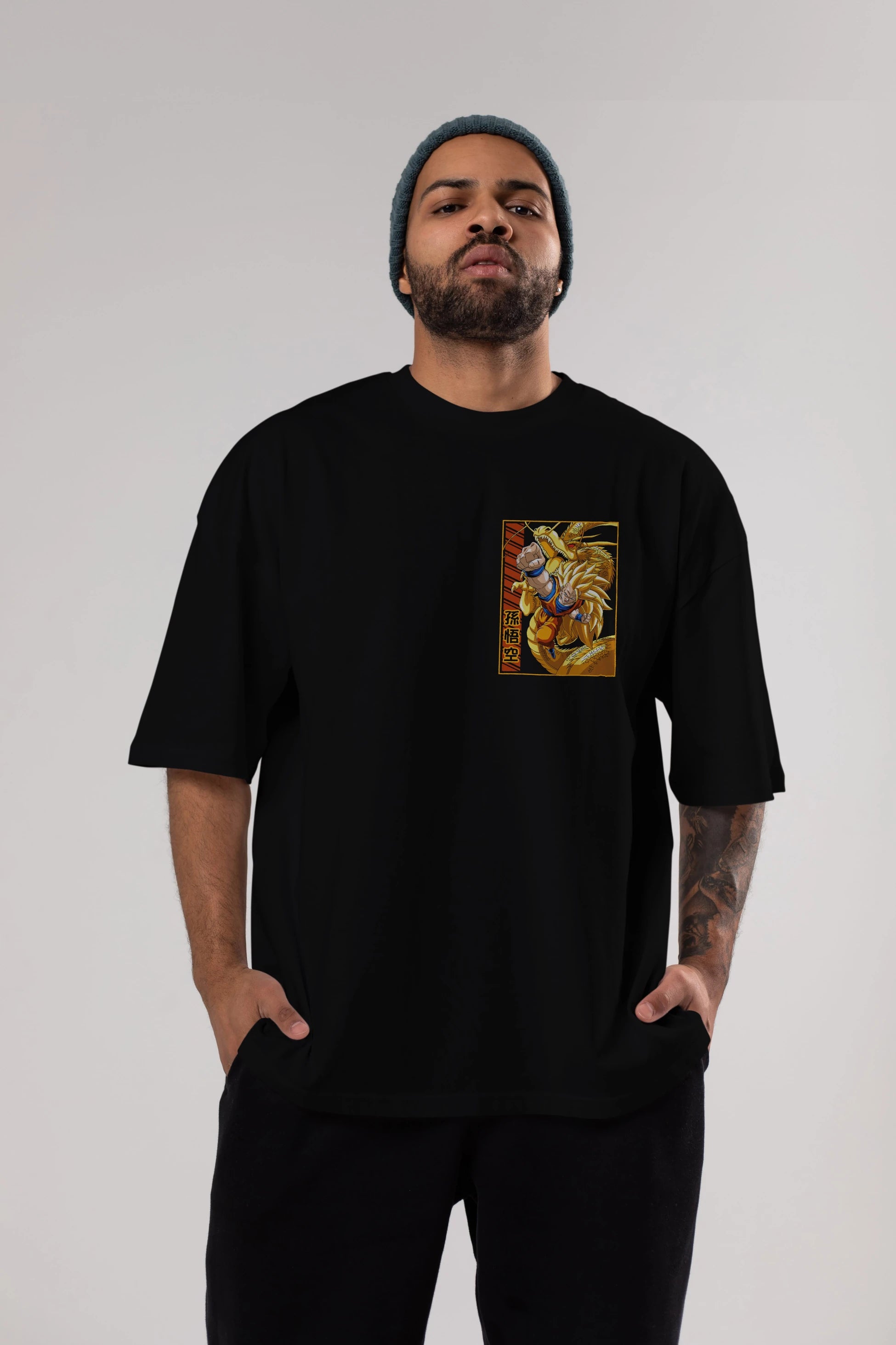 DragonBall Goku Ön Sol Baskılı Oversize t-shirt Erkek Kadın Unisex %100 Pamuk Bisiklet Yaka tişort