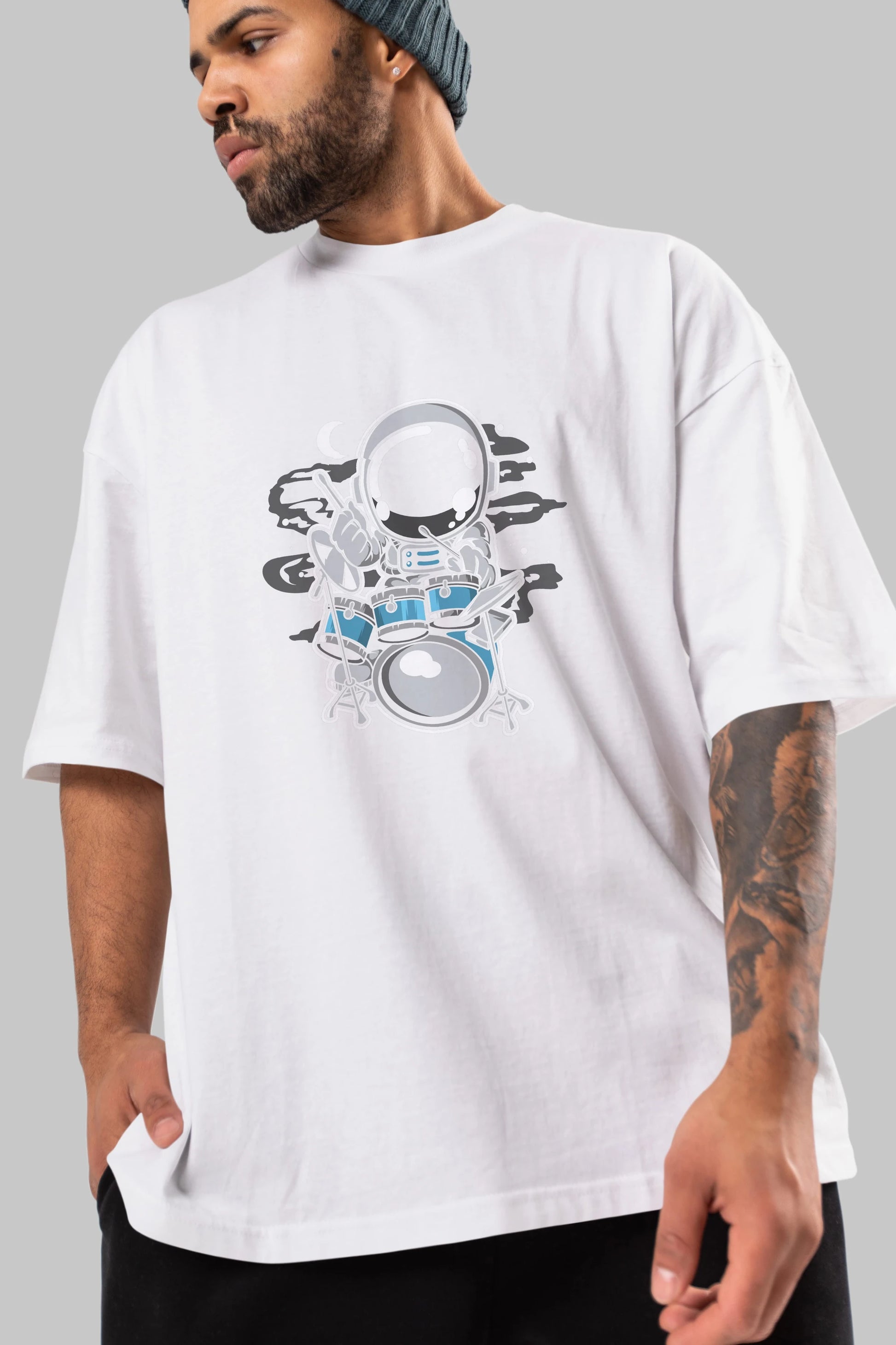 Astronaut Drummer Ön Baskılı Oversize t-shirt Erkek Kadın Unisex
