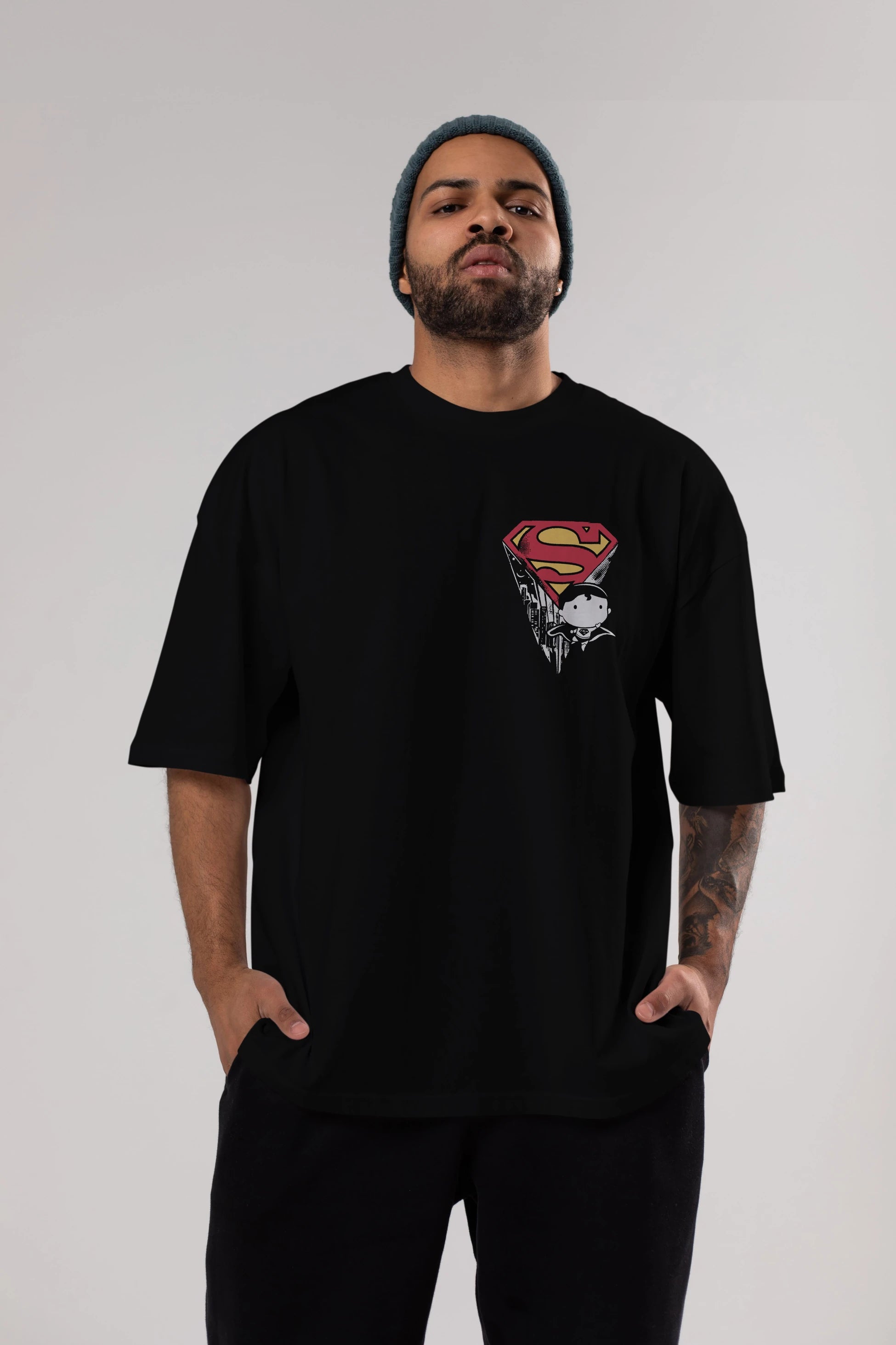 Superman Ön Sol Baskılı Oversize t-shirt Erkek Kadın Unisex %100 Pamuk Bisiklet Yaka tişort