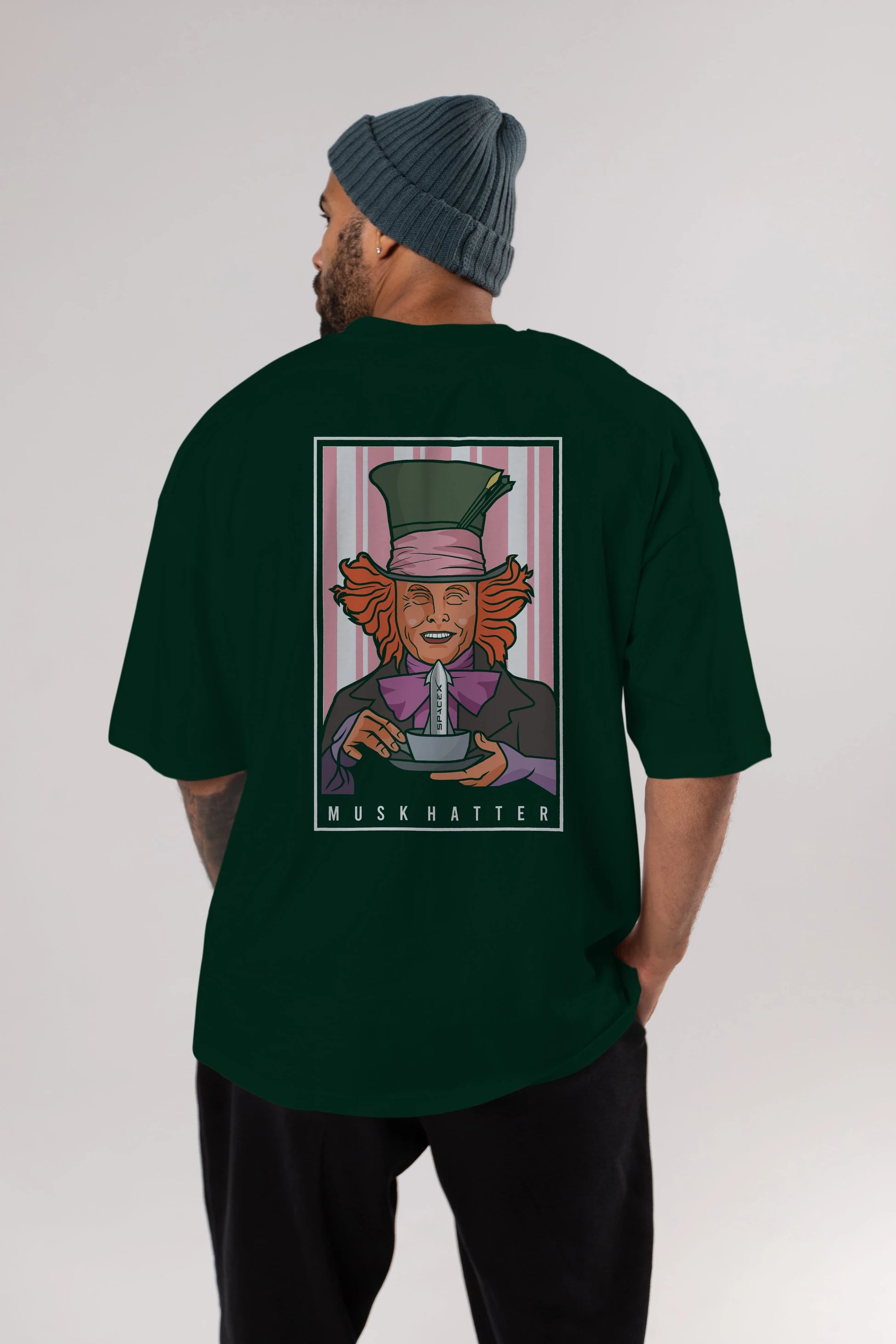 Mad Hatter Elon Musk Arka Baskılı Oversize t-shirt Erkek Kadın Unisex %100 Pamuk tişort