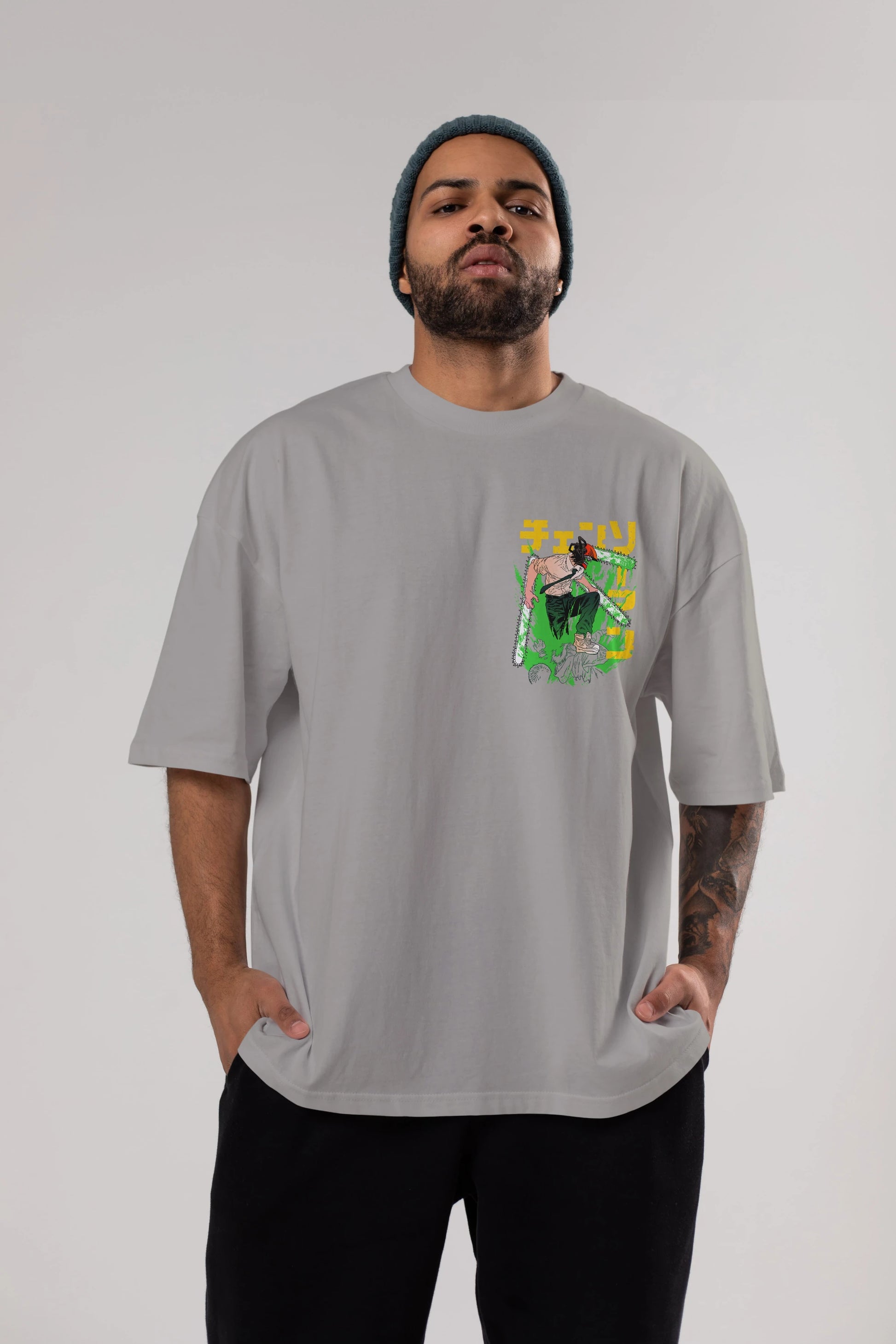 CHAINSAWMAN DENJI Ön Sol Baskılı Oversize t-shirt Erkek Kadın Unisex %100 Pamuk Bisiklet Yaka tişort