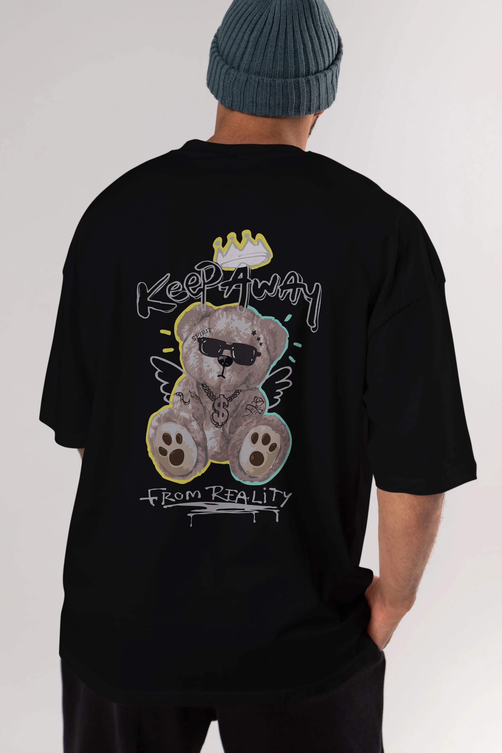 Keep Away Bear Arka Baskılı Oversize t-shirt Erkek Kadın Unisex