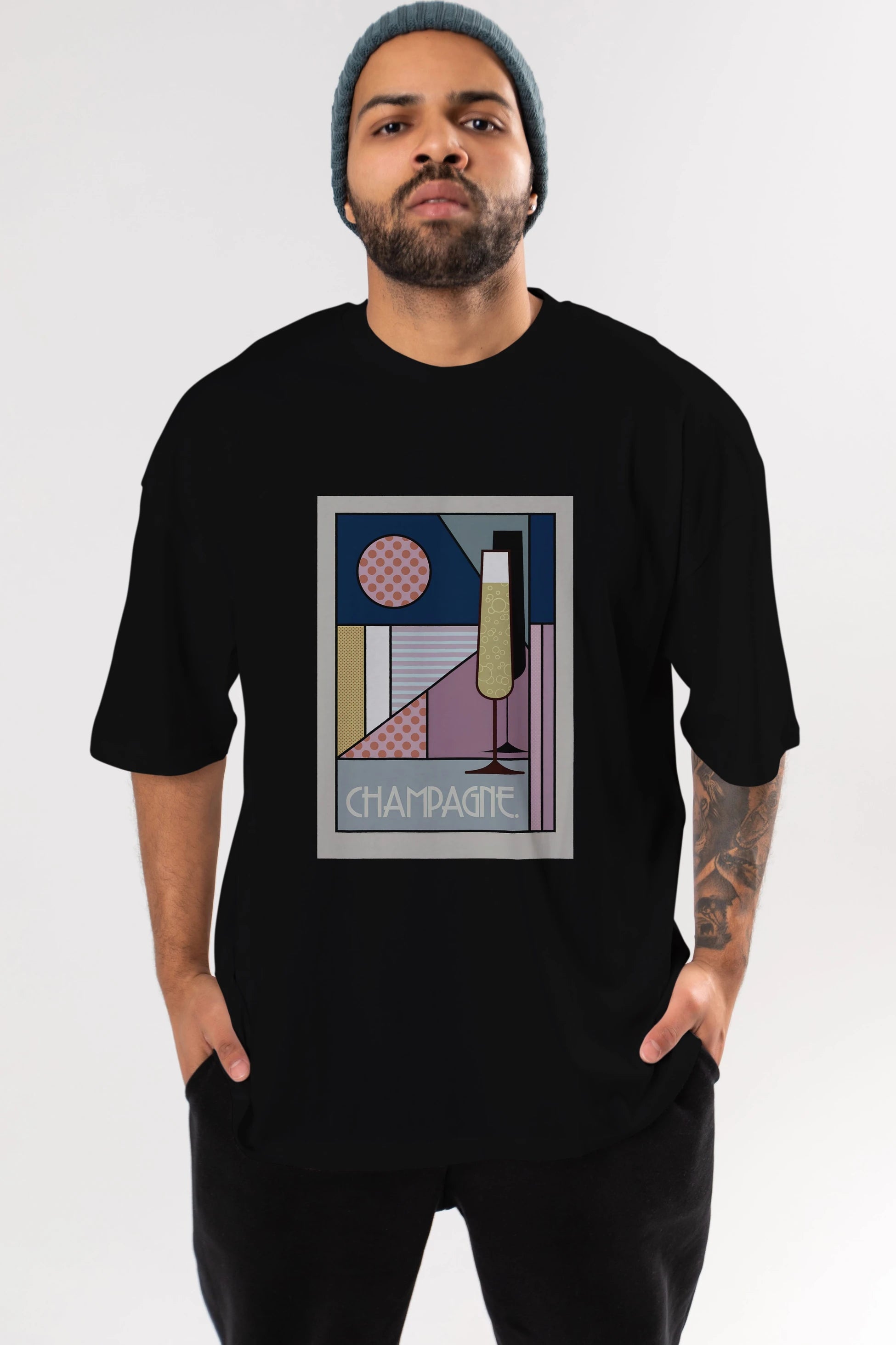 Champagne Ön Baskılı Oversize t-shirt Erkek Kadın Unisex %100 Pamuk Bisiklet Yaka tişort