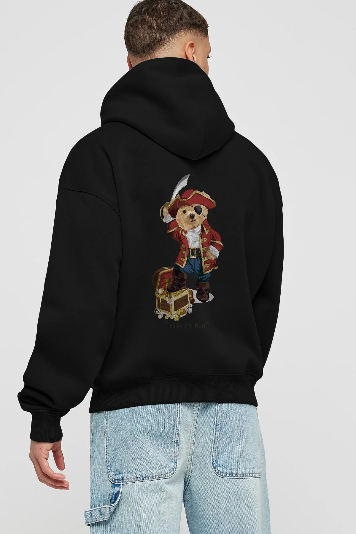 Teddy Bear Treasure Hunt Arka Baskılı Hoodie Oversize Kapüşonlu Sweatshirt Erkek Kadın Unisex