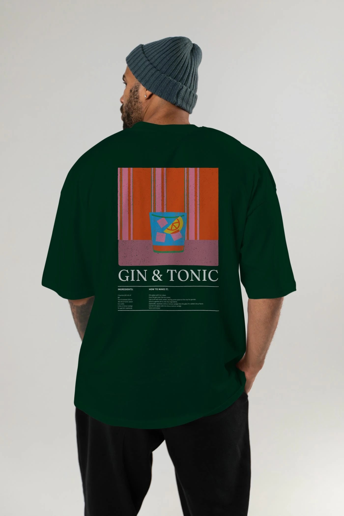 Gin Tonic Kokteyl Serisi Arka Baskılı Oversize t-shirt Erkek Kadın %100 Pamuk Bisiklet Yaka tişort