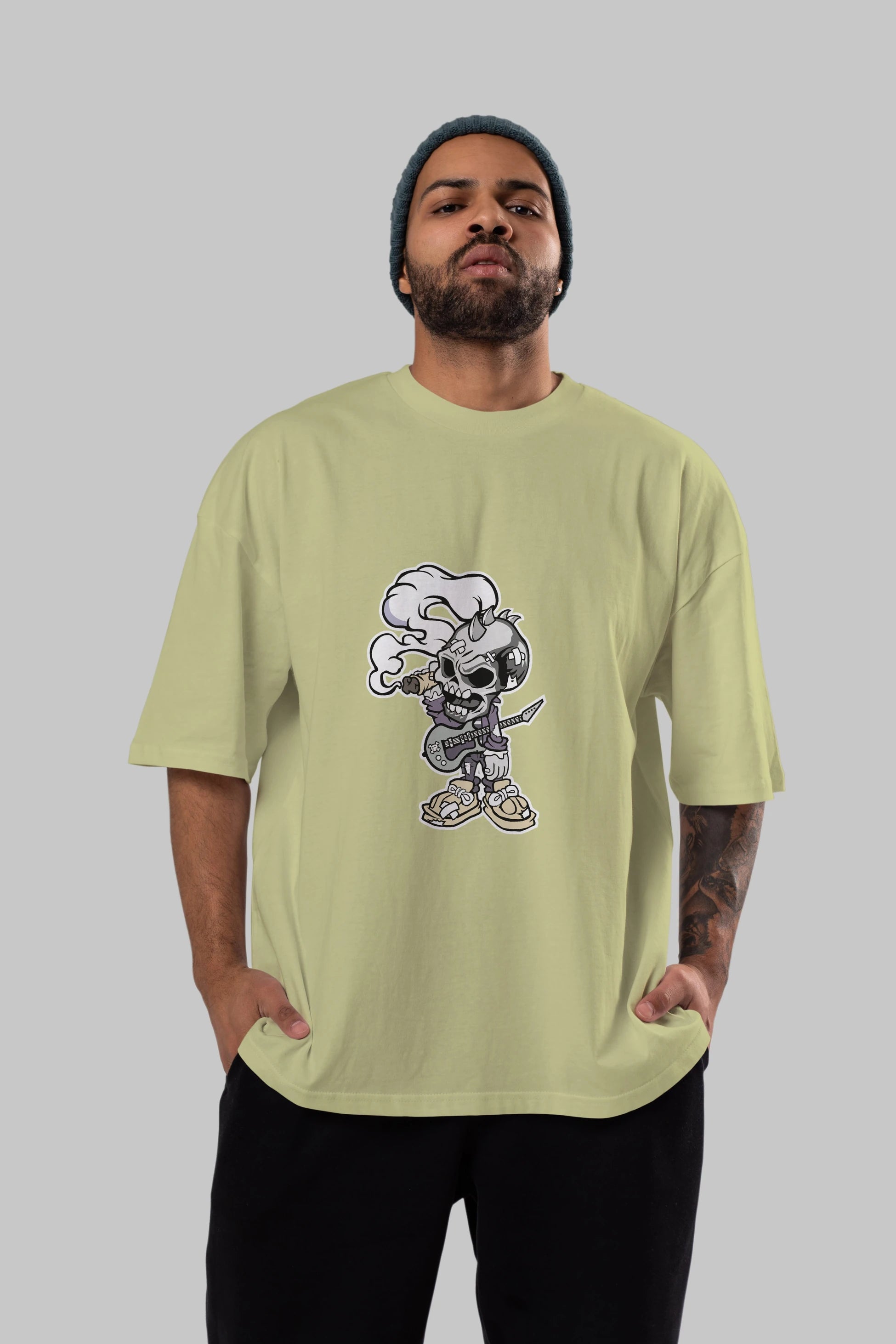 Skull Smoker Punk Rocker Ön Baskılı Oversize t-shirt Erkek Kadın Unisex %100 Pamuk tişort