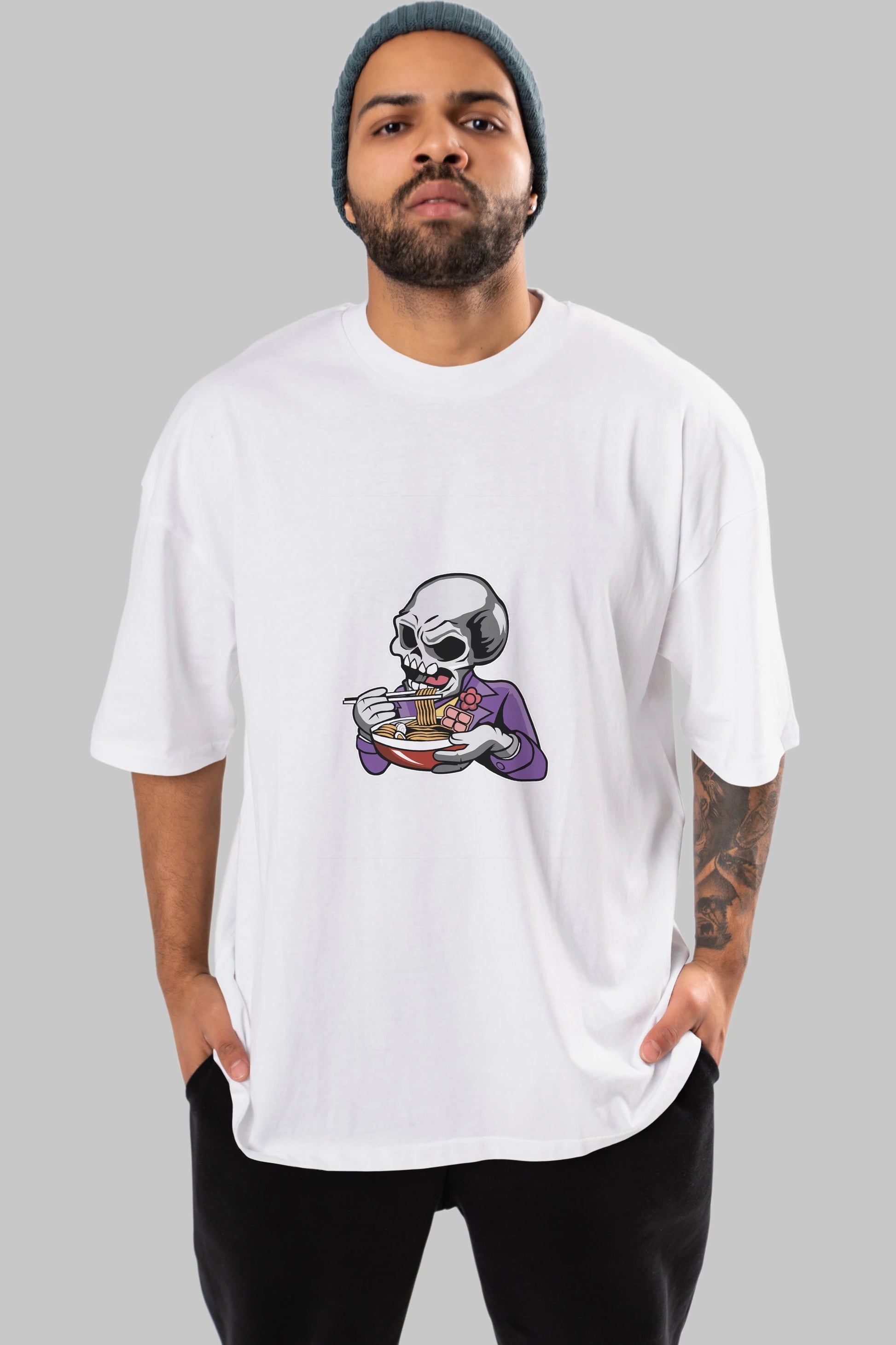 Skull Ramen Ön Baskılı Oversize t-shirt Erkek Kadın Unisex %100 Pamuk tişort