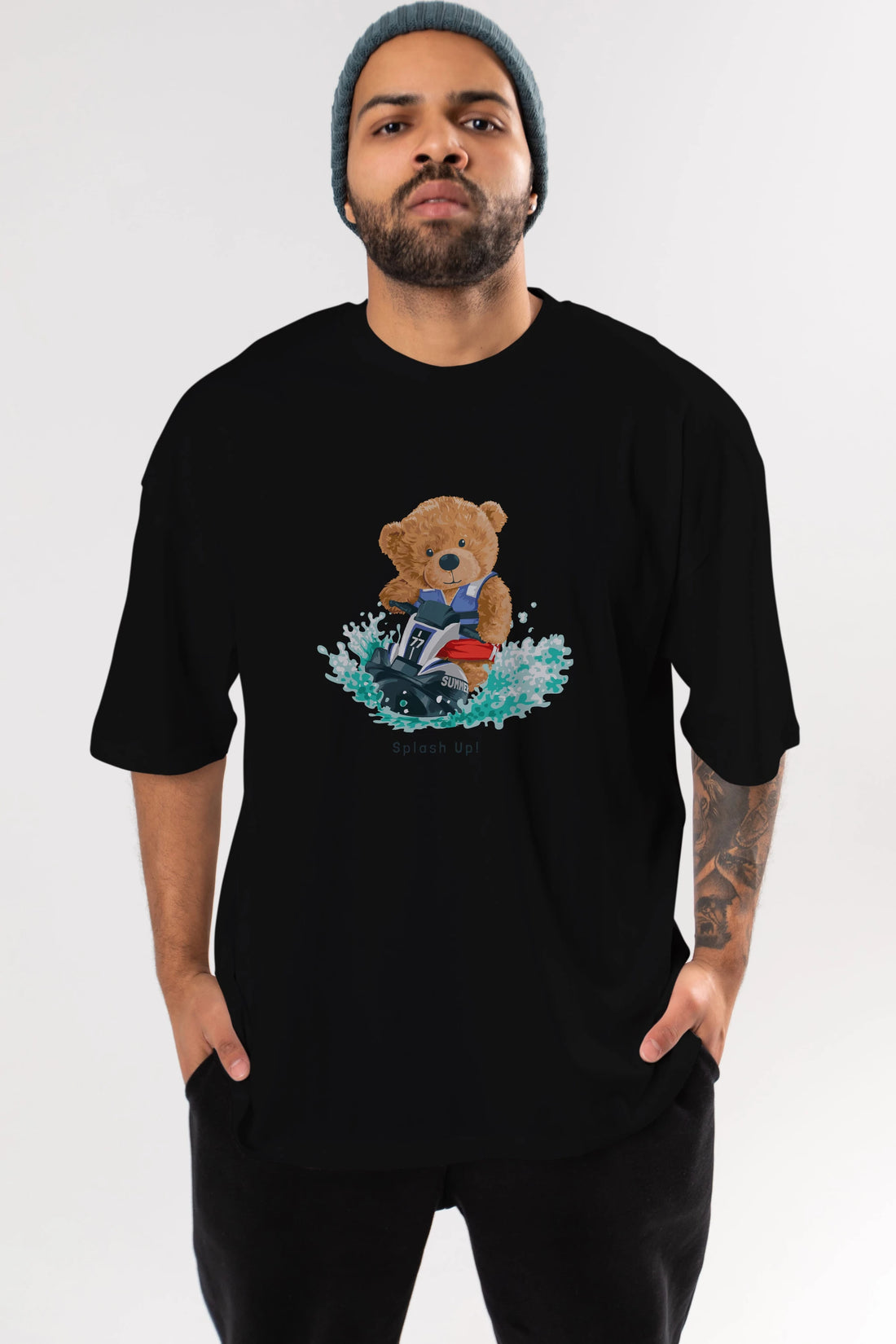 Teddy Bear Splash Up Ön Baskılı Oversize t-shirt Erkek Kadın Unisex %100 Pamuk