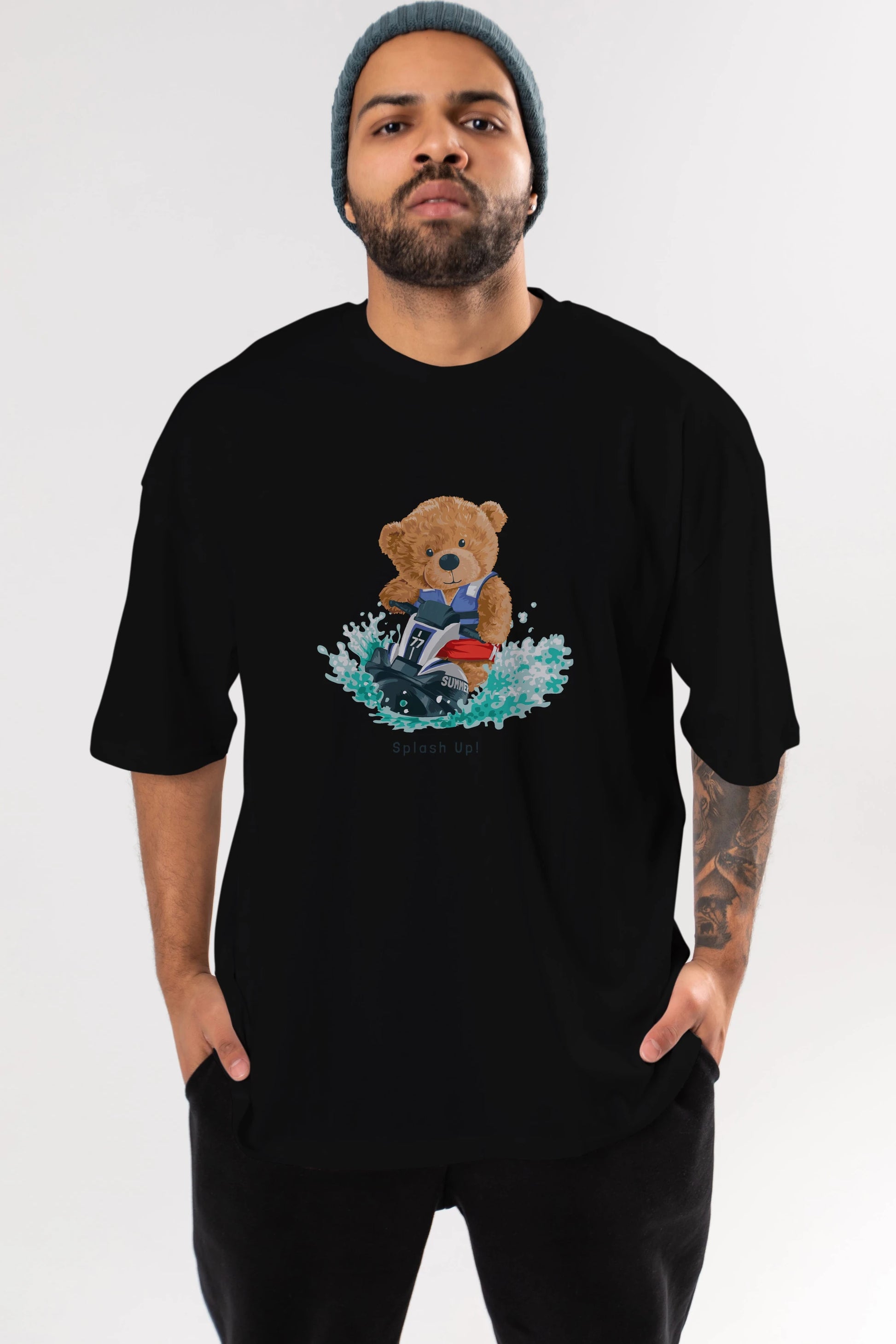 Teddy Bear Splash Up Ön Baskılı Oversize t-shirt Erkek Kadın Unisex %100 Pamuk