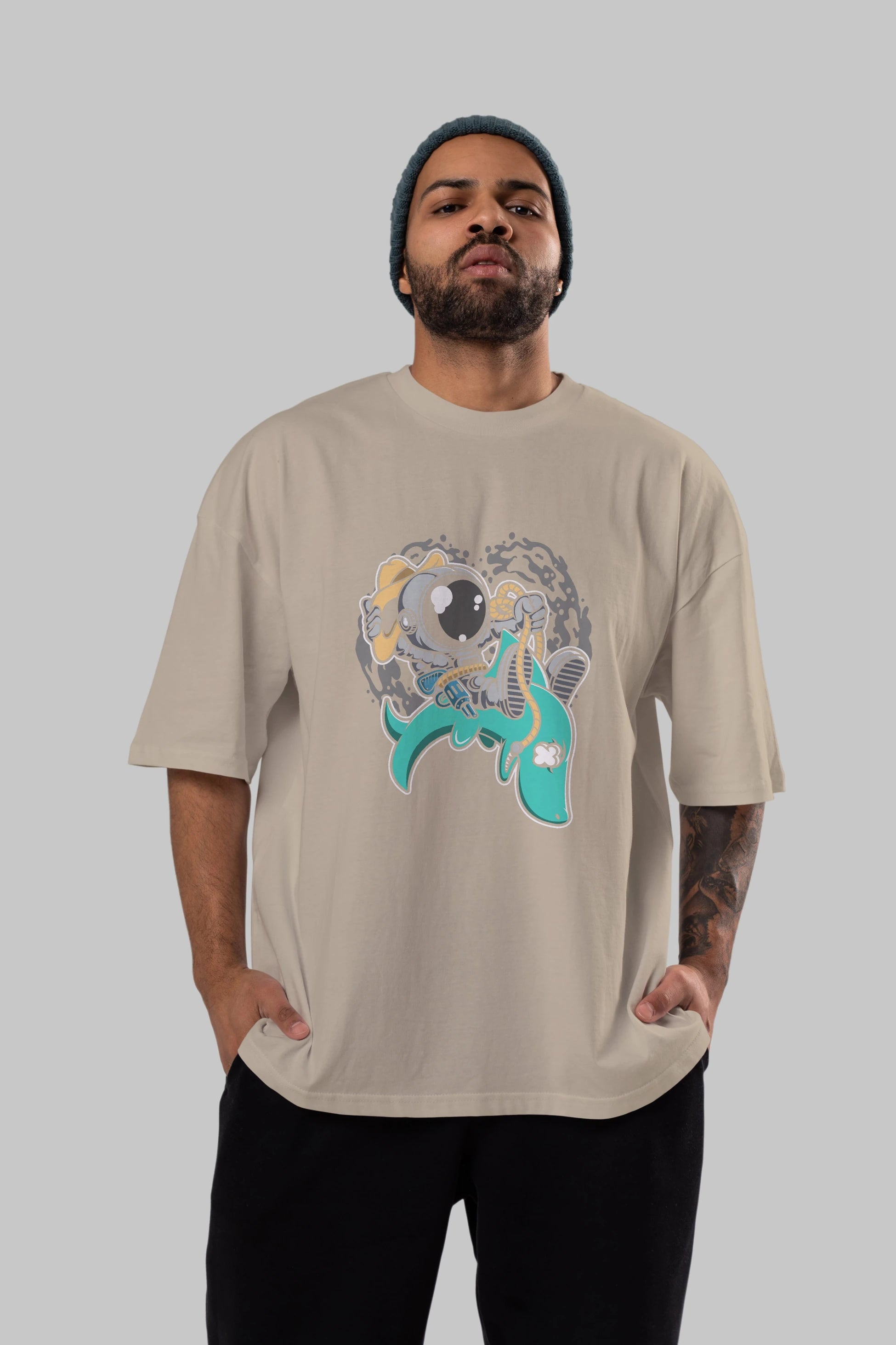 Astronaut Riding Shark Ön Baskılı Oversize t-shirt Erkek Kadın Unisex