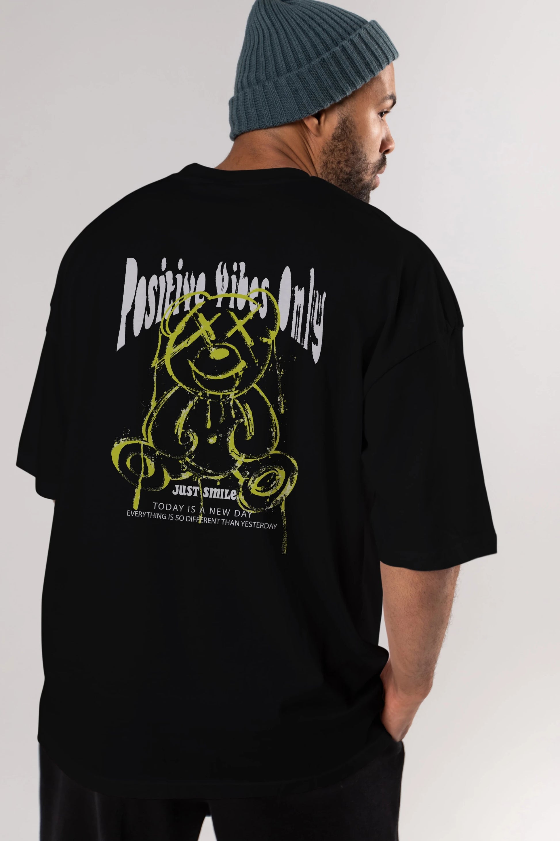 Positive Vibes Only Bear Arka Baskılı Oversize t-shirt Erkek Kadın Unisex