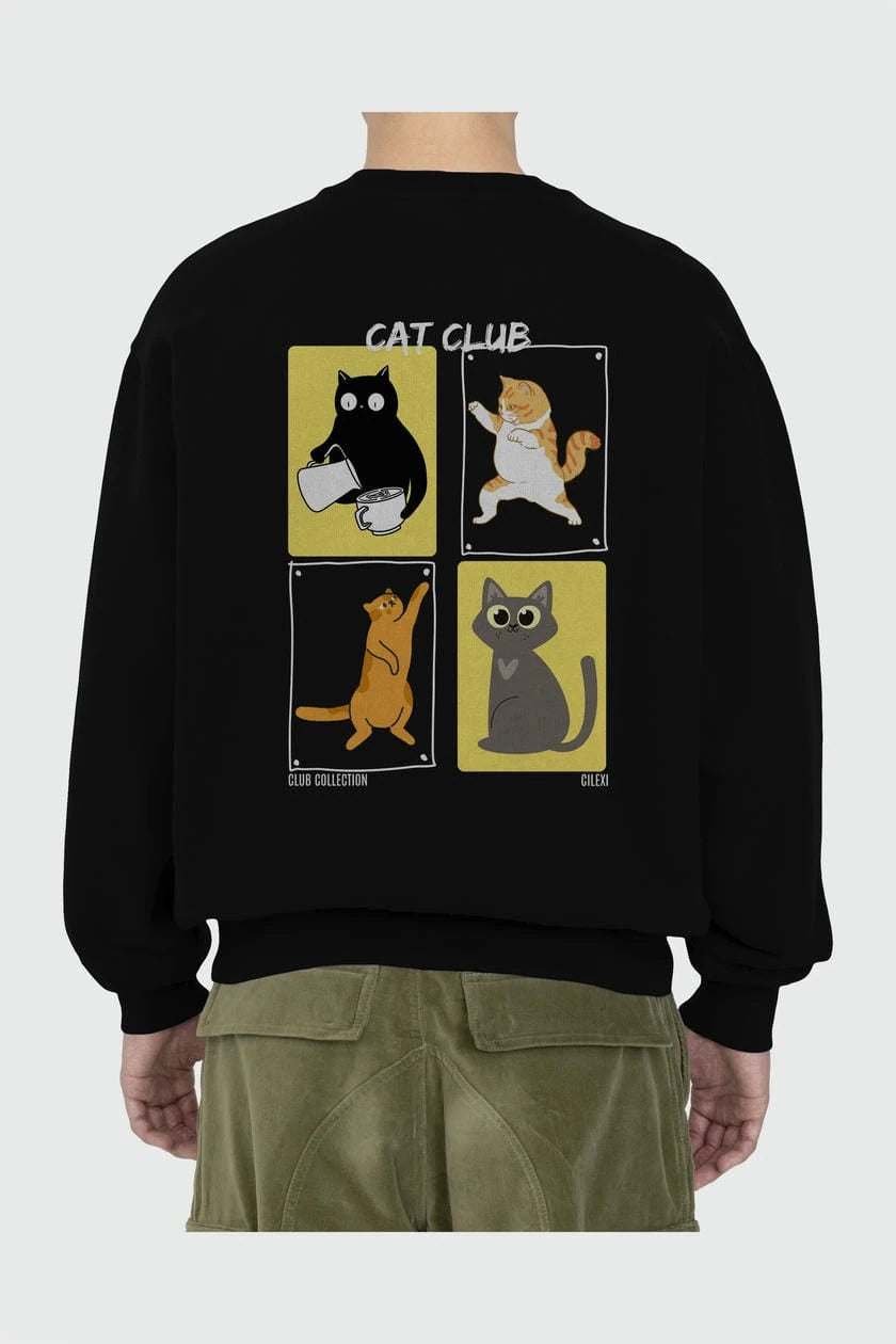 Cat Club Arka Baskılı Oversize Sweatshirt Erkek Kadın Unisex