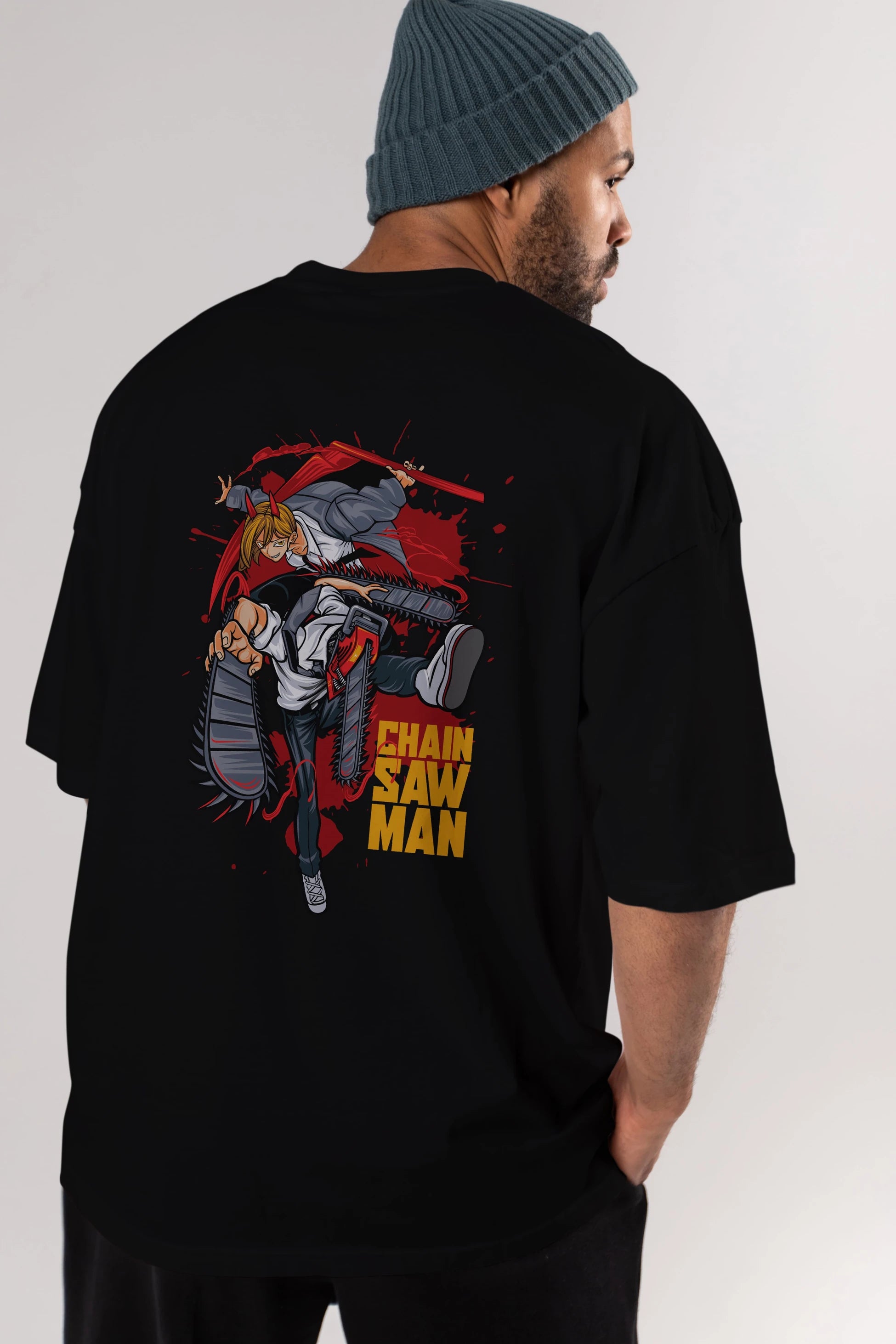 DENJI and POWER Anime Arka Baskılı Oversize t-shirt Erkek Kadın Unisex