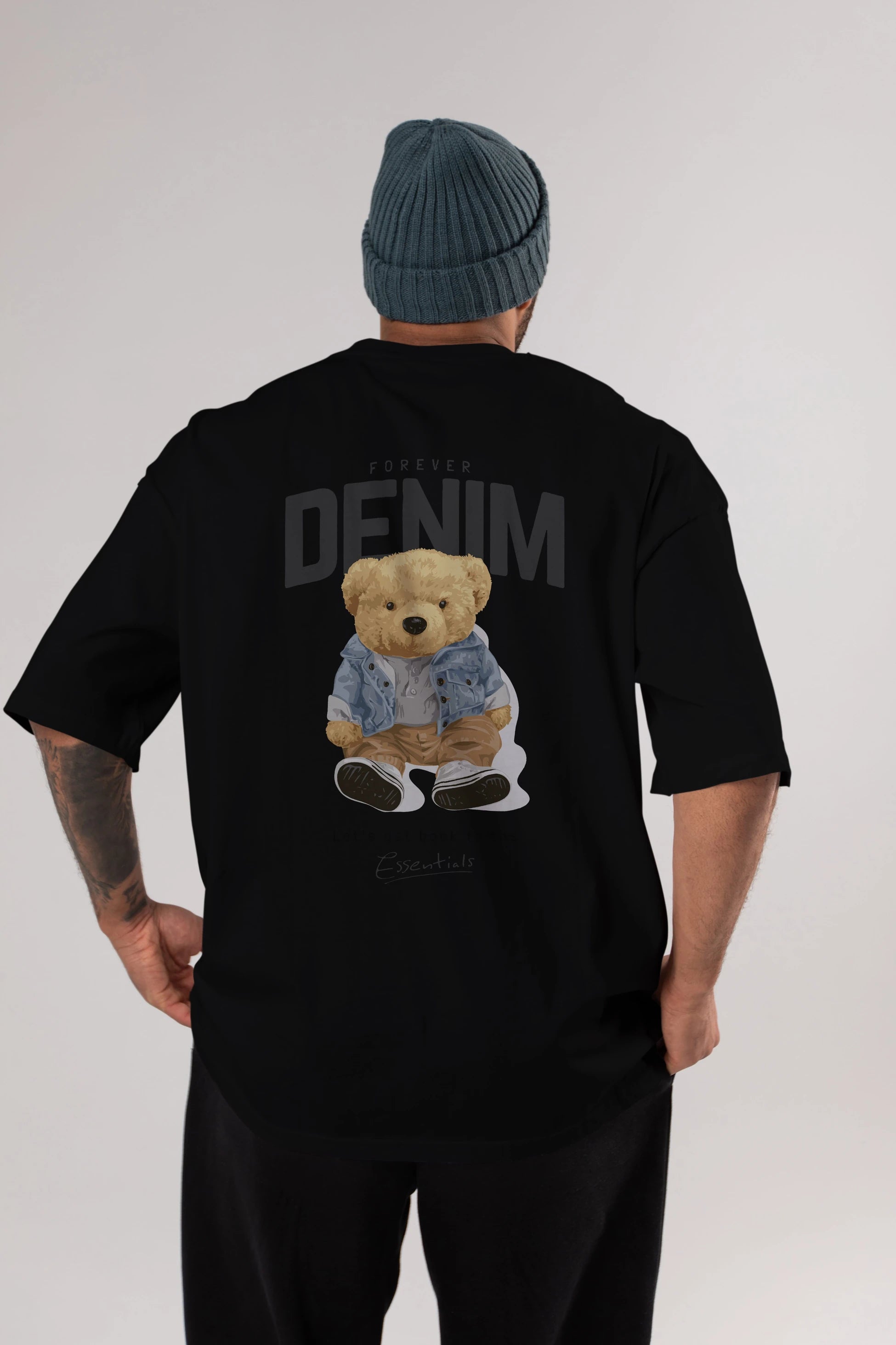 Teddy Bear Forever Denim Arka Baskılı Oversize t-shirt Erkek Kadın Unisex %100 Pamuk