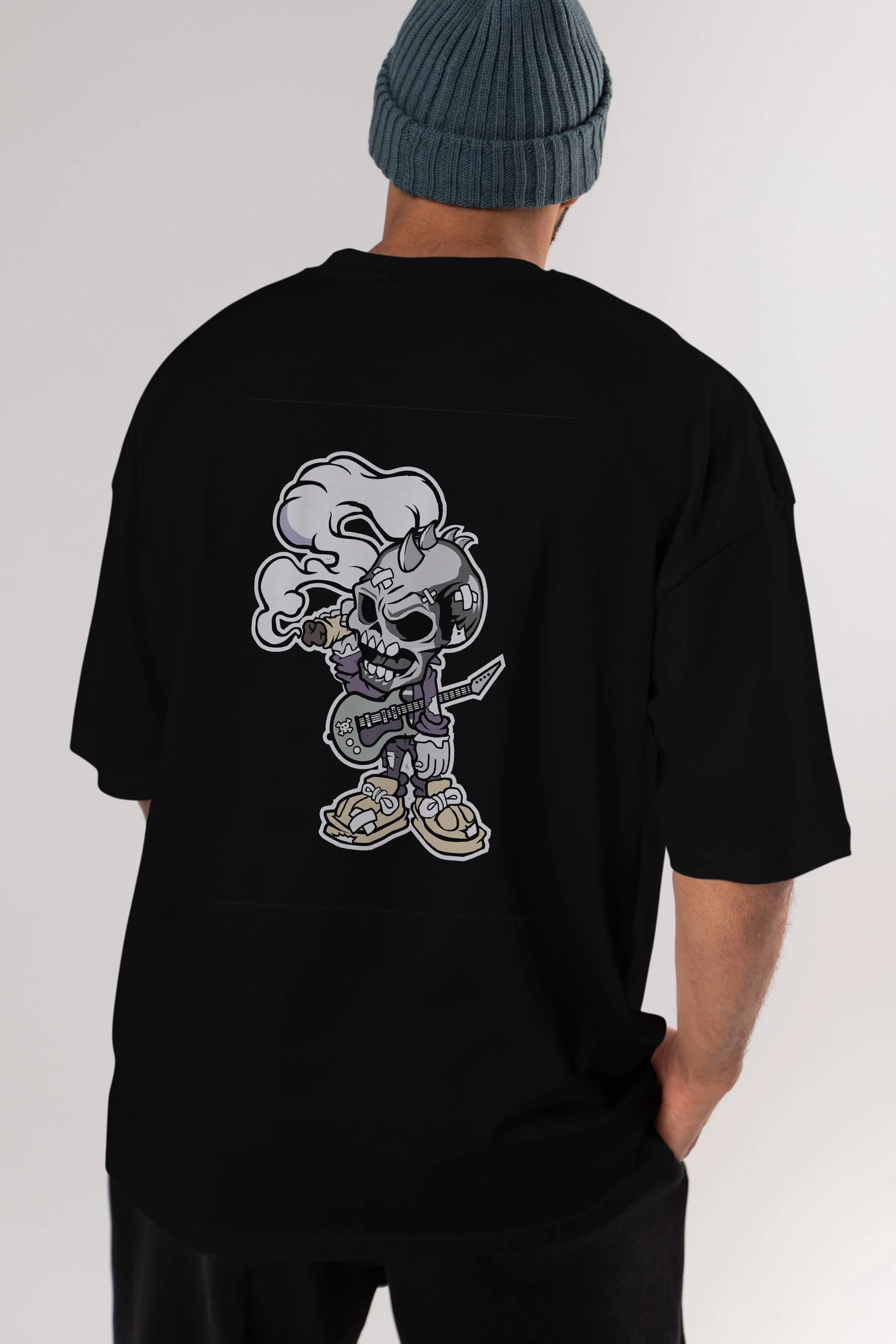 Skull Smoker Punk Rocker Arka Baskılı Oversize t-shirt Erkek Kadın Unisex %100 Pamuk tişort
