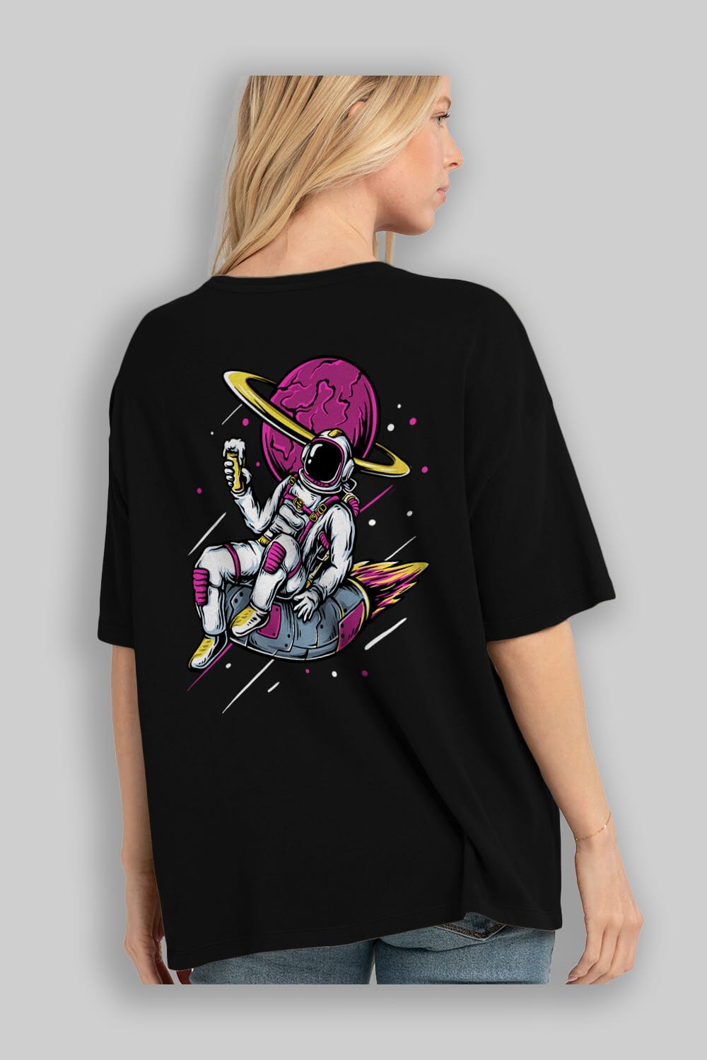Astronaut Beer Arka Baskılı Oversize t-shirt Erkek Kadın Unisex