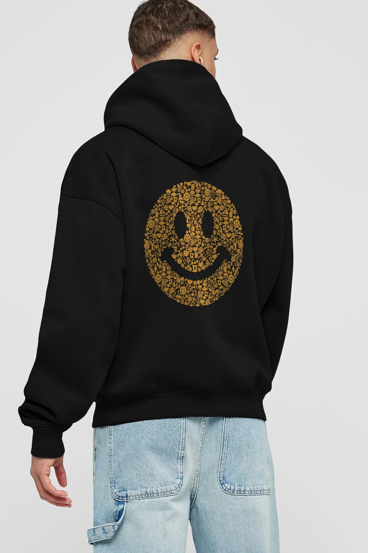 Smiley Arka Baskılı Hoodie Oversize Kapüşonlu Sweatshirt Erkek Kadın Unisex