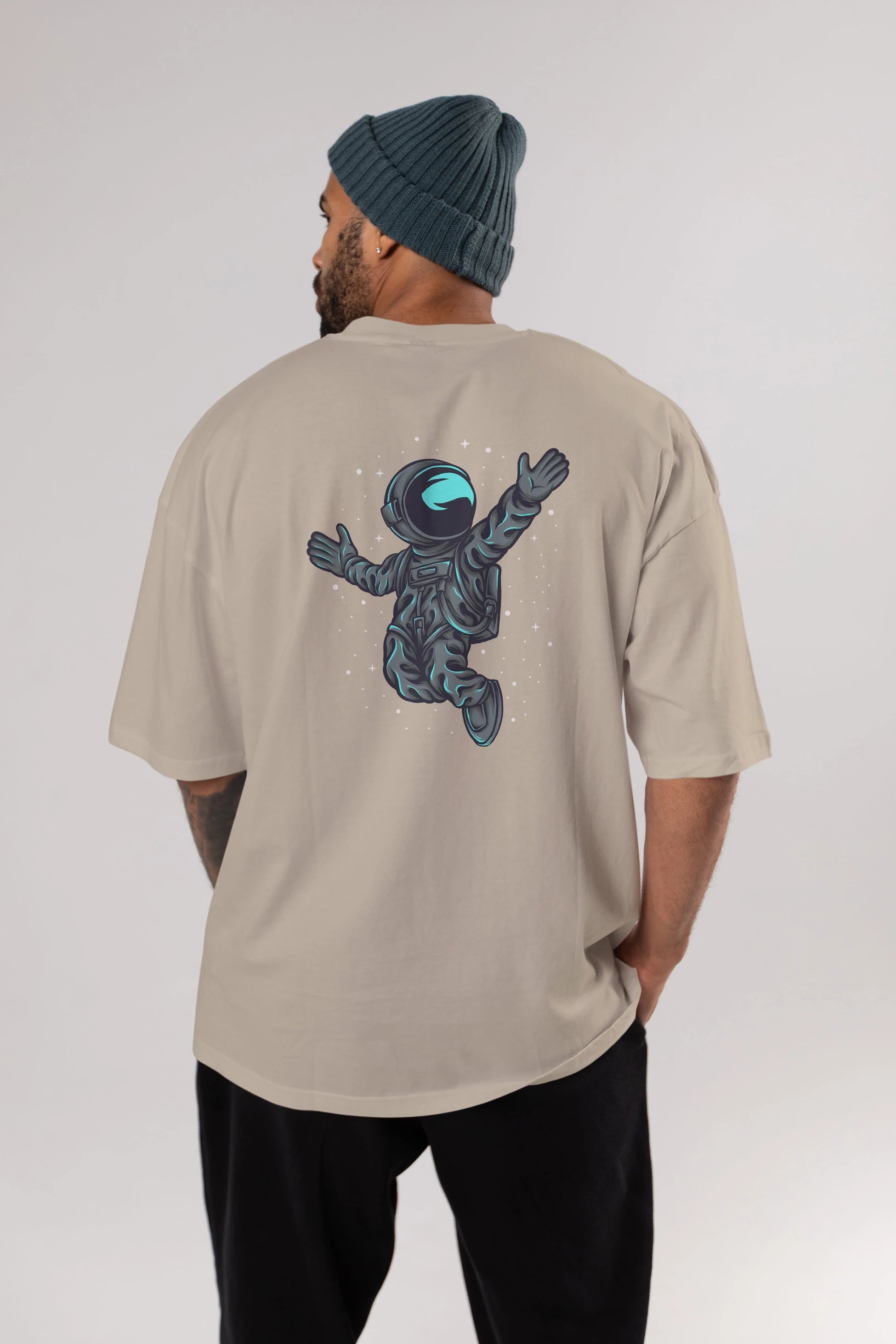 Happy Astronaut Arka Baskılı Oversize t-shirt Erkek Kadın Unisex