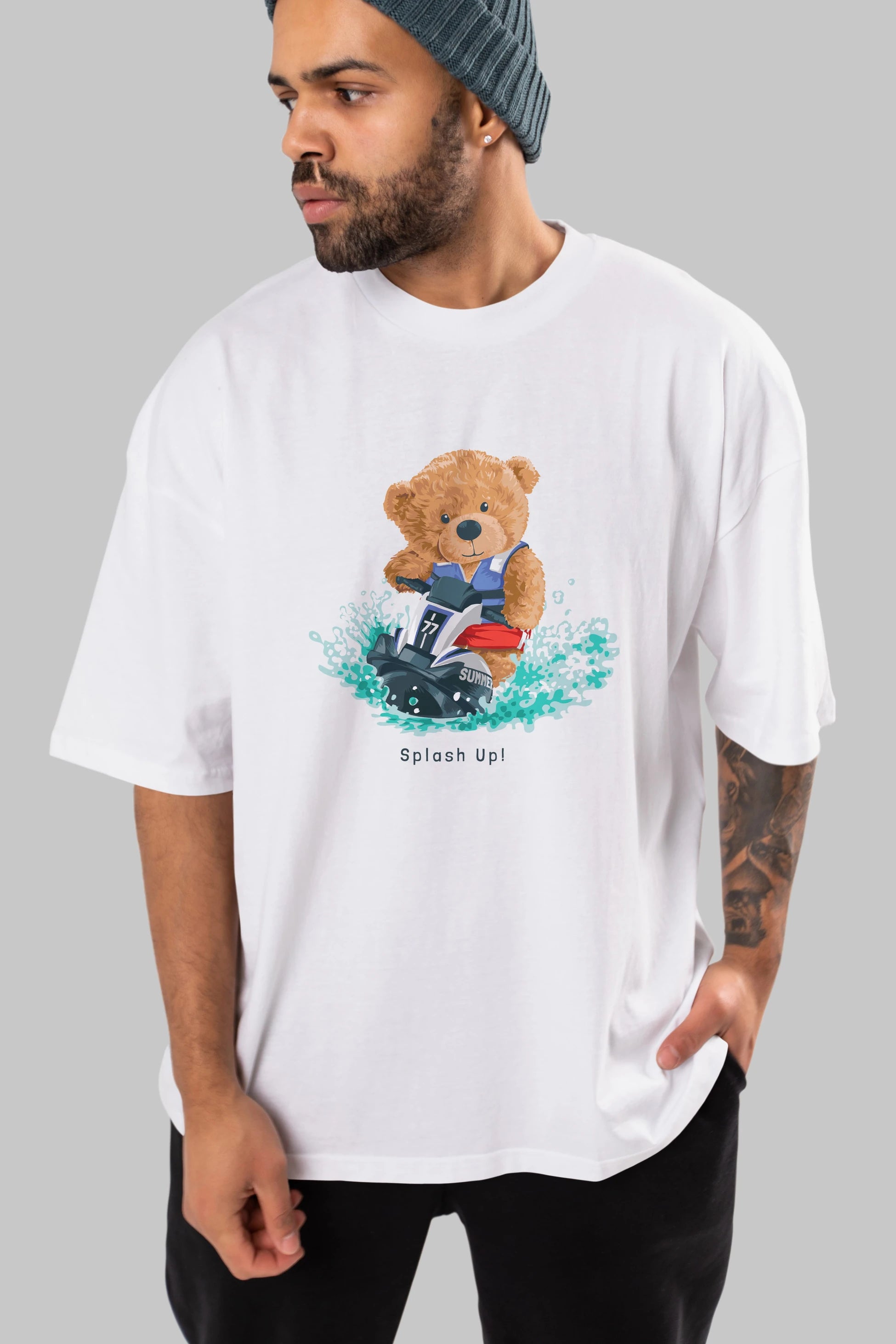 Teddy Bear Splash Up Ön Baskılı Oversize t-shirt Erkek Kadın Unisex %100 Pamuk