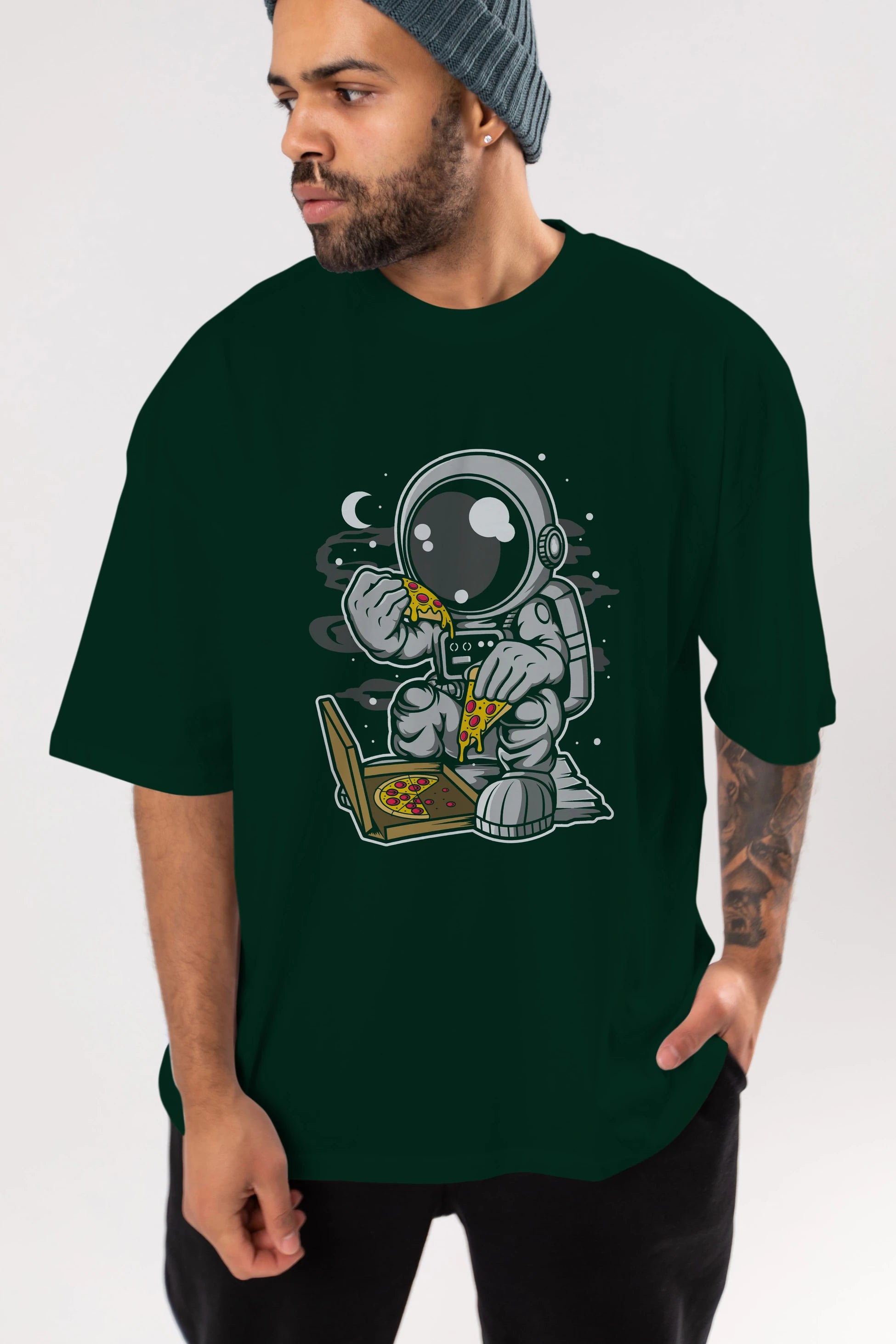 Astronaut Pizza Ön Baskılı Oversize t-shirt Erkek Kadın Unisex