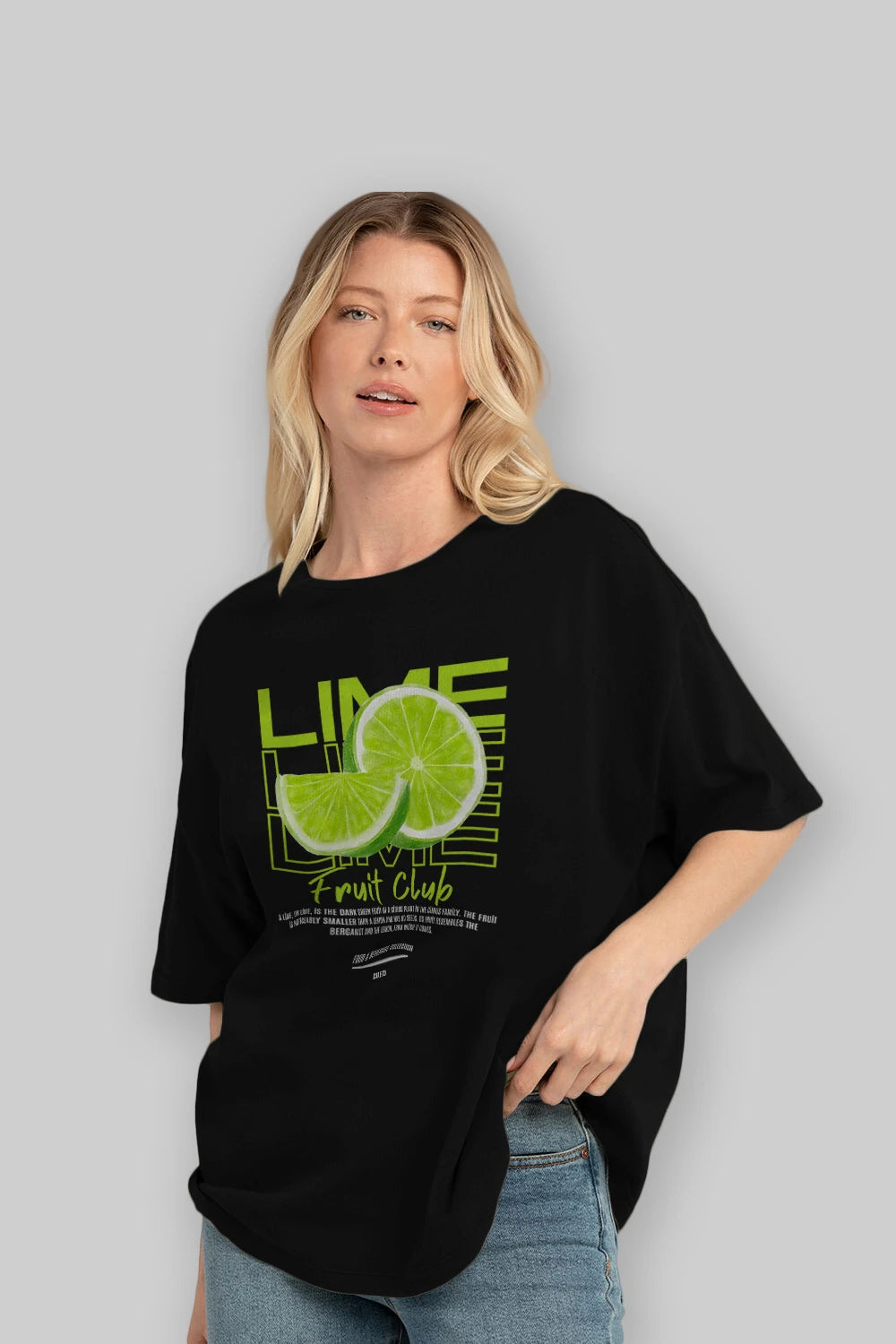 Lime Ön Baskılı Oversize t-shirt Erkek Kadın Pamuk Bisiklet Yaka tişort