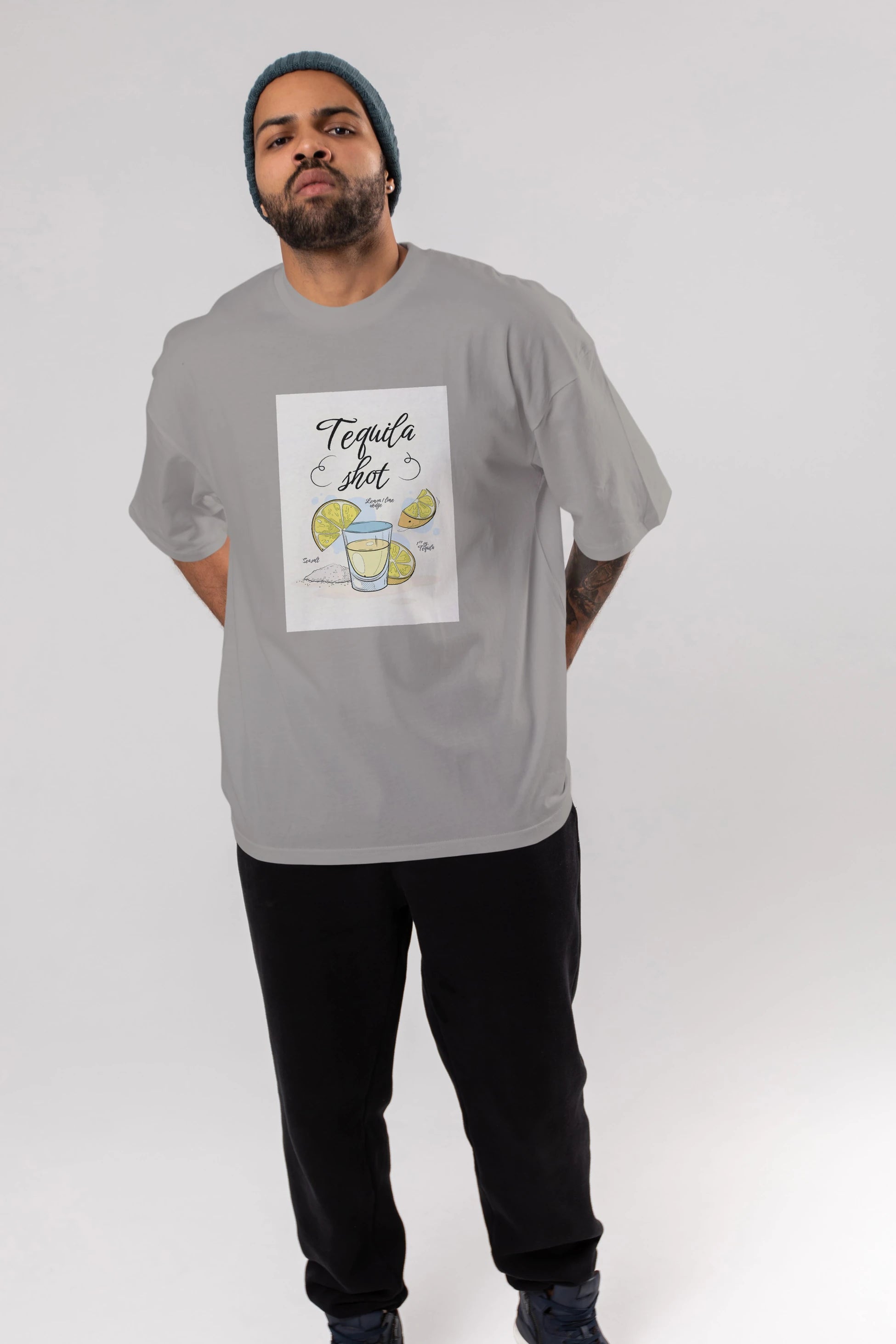 Tequila Shot Ön Baskılı Oversize t-shirt Erkek Kadın Unisex %100 Pamuk Bisiklet Yaka tişort