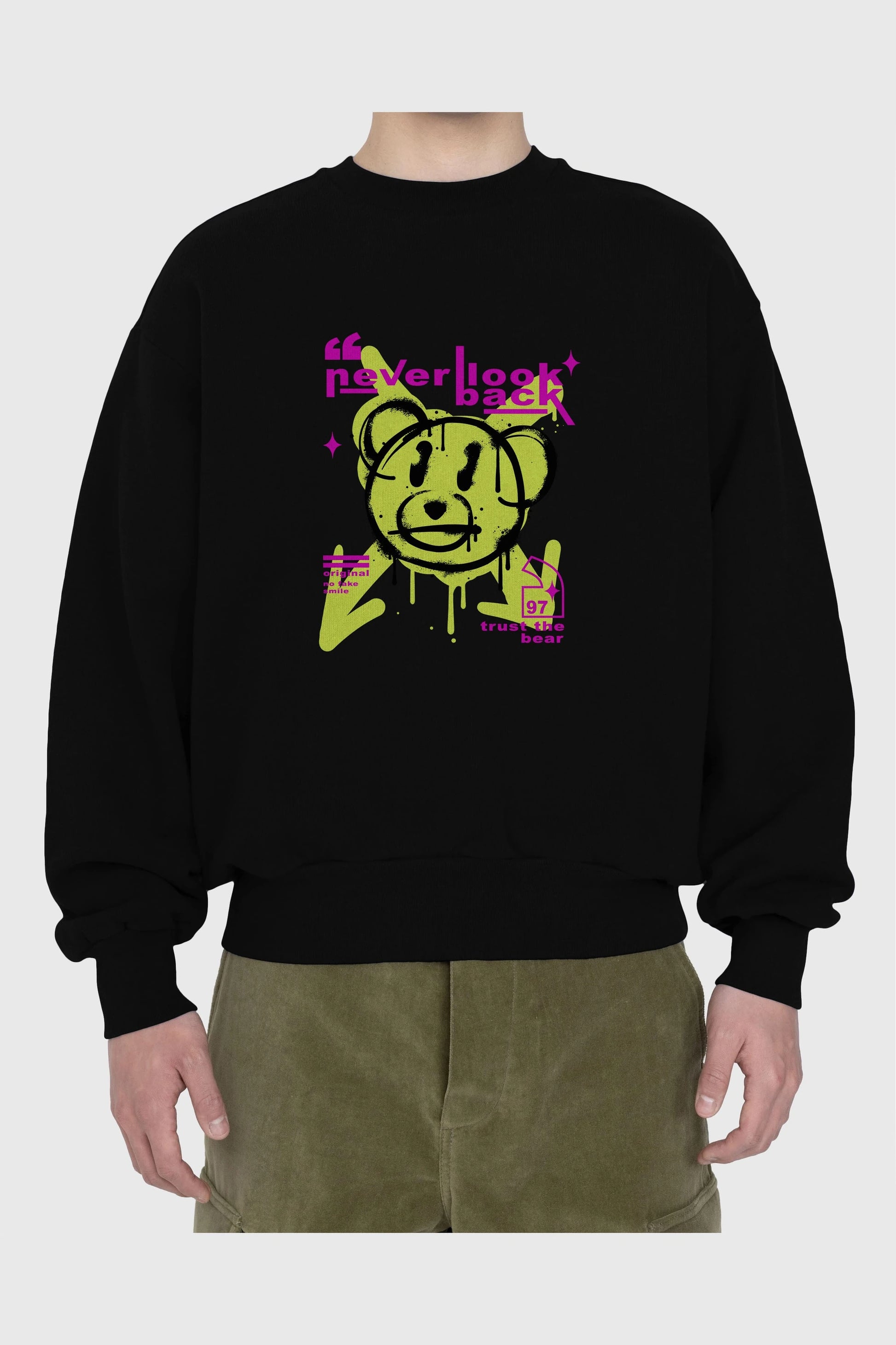 Never Look Back Bear Ön Baskılı Oversize Sweatshirt Erkek Kadın Unisex