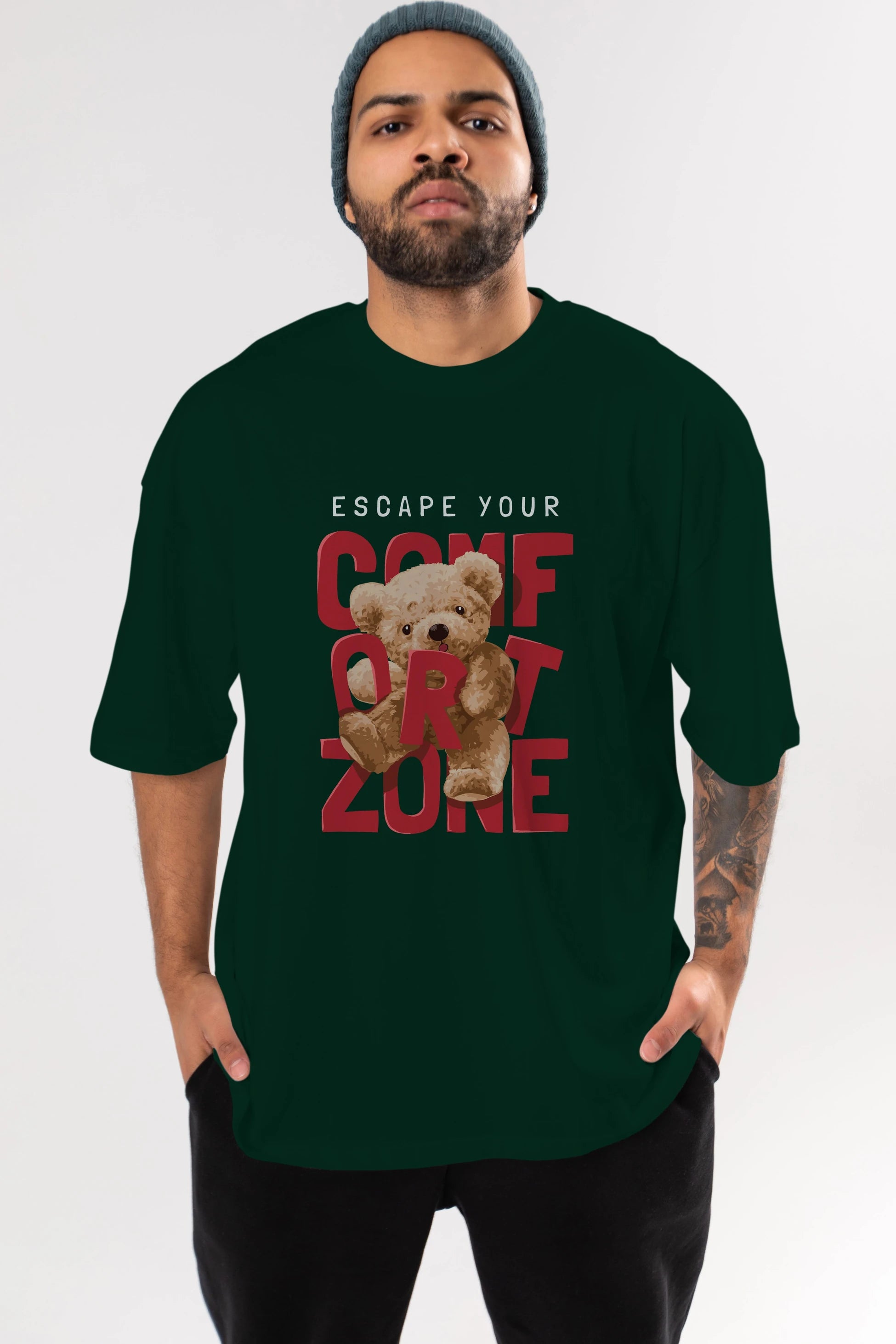 Teddy Bear Escape Comfort Zone Ön Baskılı Oversize t-shirt Erkek Kadın Unisex %100 Pamuk