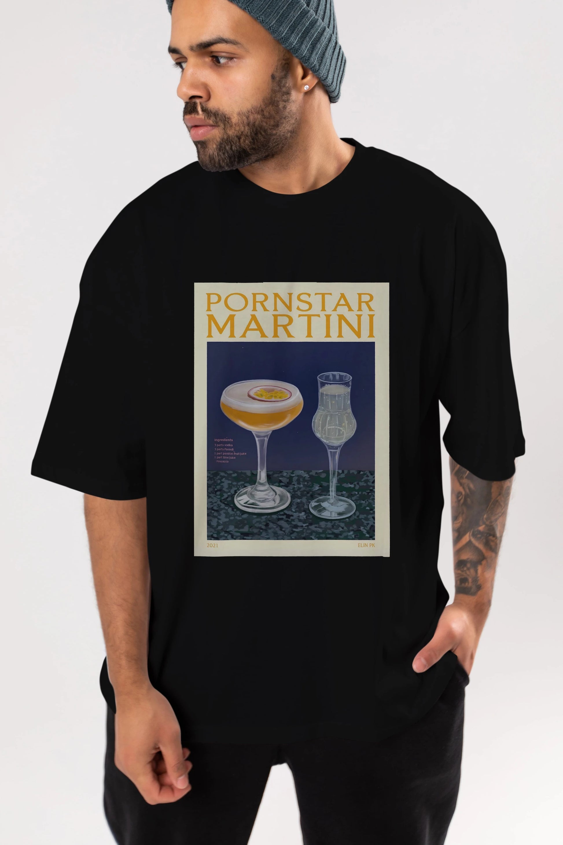 P.rnstar Martini Ön Baskılı Oversize t-shirt Erkek Kadın Unisex %100 Pamuk Bisiklet Yaka tişort
