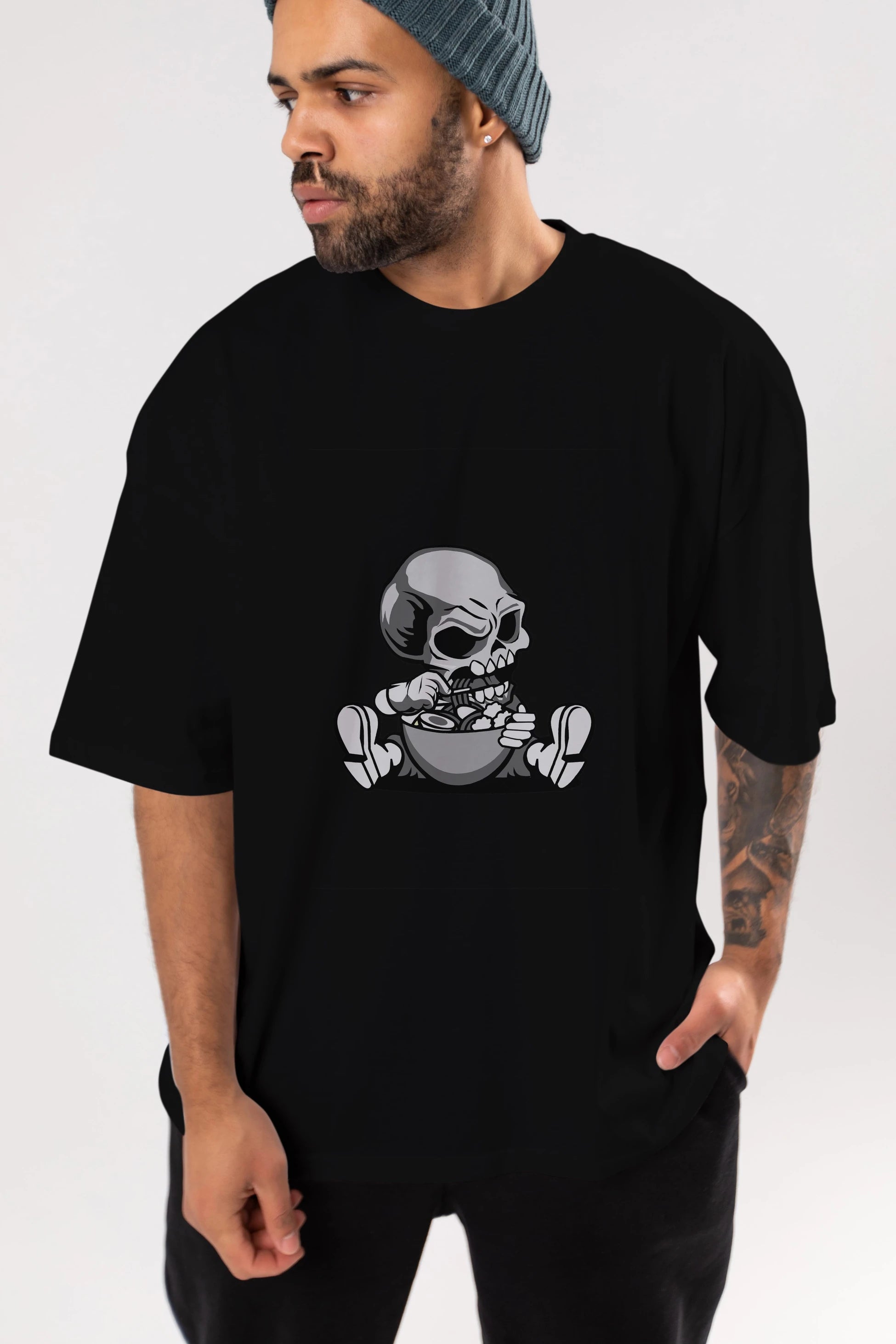 Skull Eat Ramen Ön Baskılı Oversize t-shirt Erkek Kadın Unisex %100 Pamuk tişort