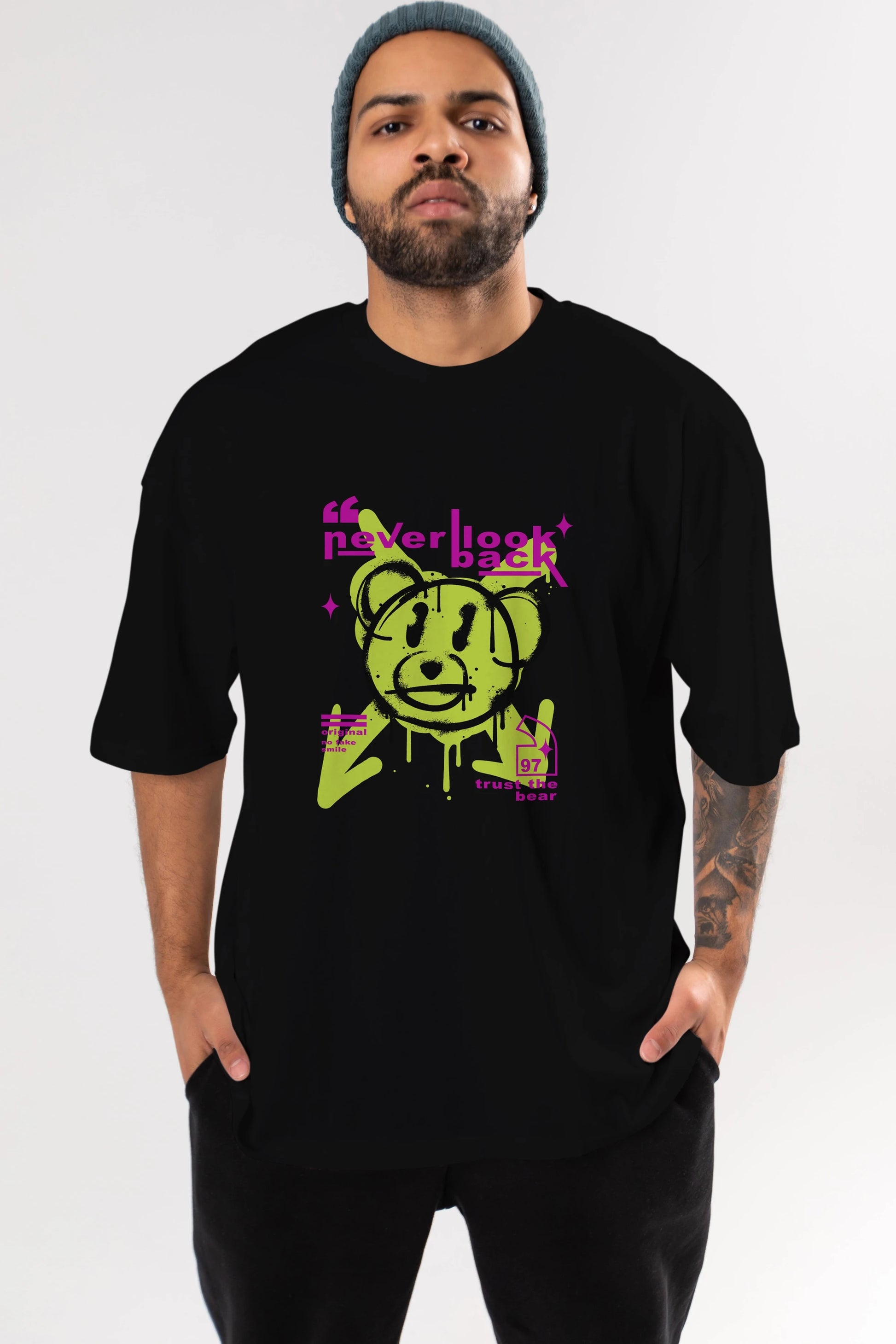Never Look Back Bear Ön Baskılı Oversize t-shirt Erkek Kadın Unisex