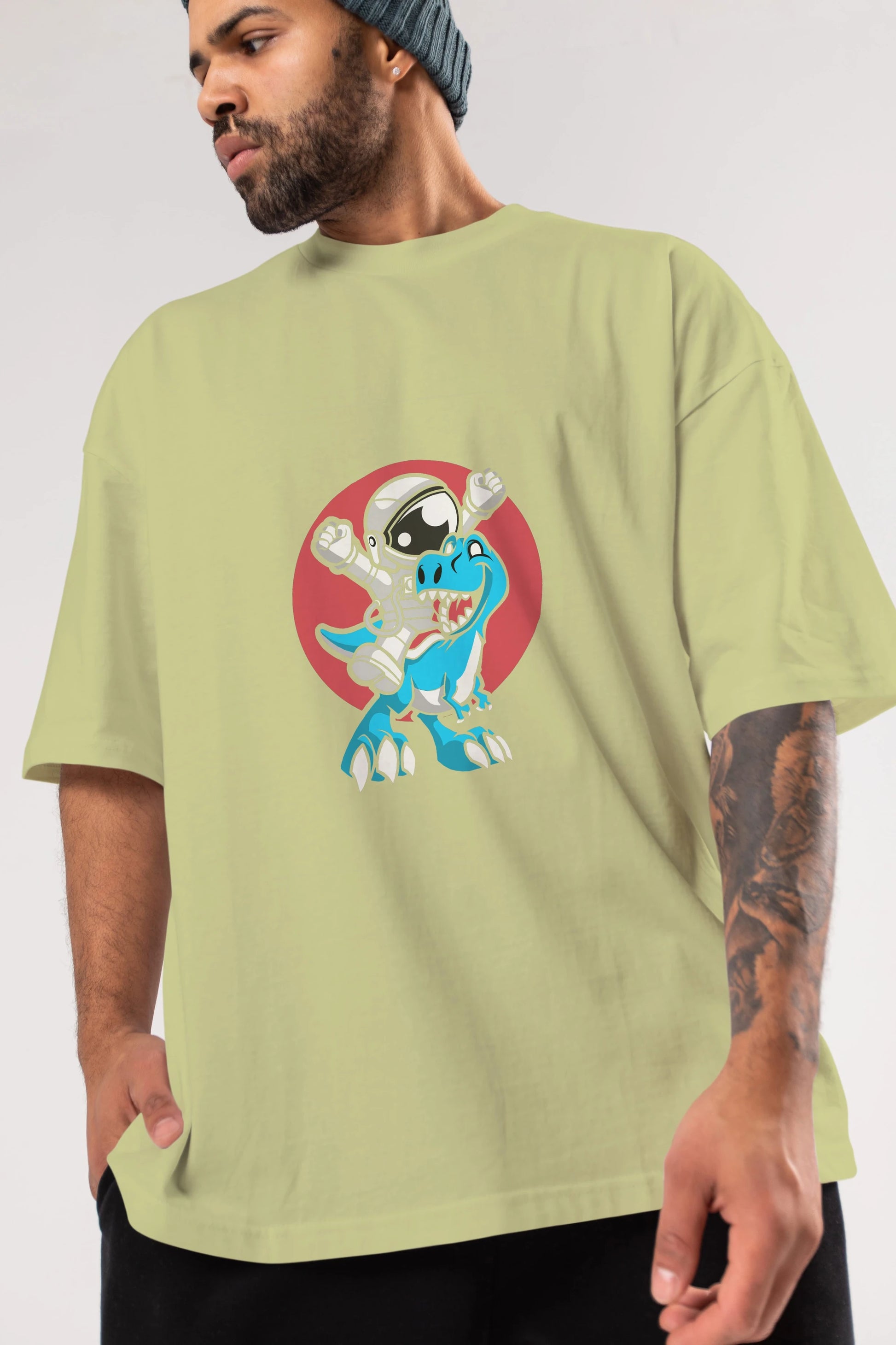 Astronaut Dino Ön Baskılı Oversize t-shirt Erkek Kadın Unisex %100 Pamuk tişort