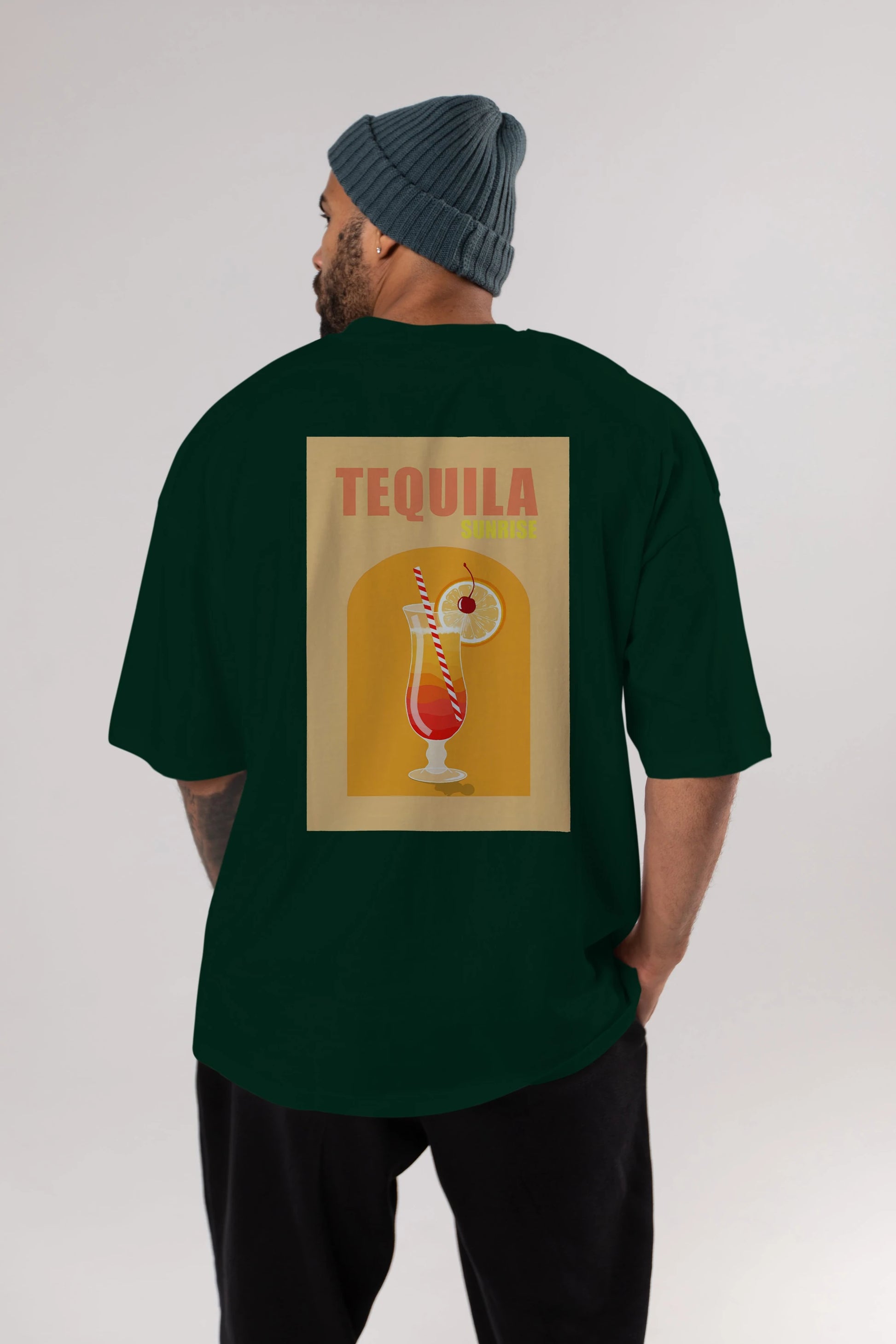 Tequila Sunrise Arka Baskılı Oversize t-shirt Erkek Kadın Unisex %100 Pamuk Bisiklet Yaka tişort