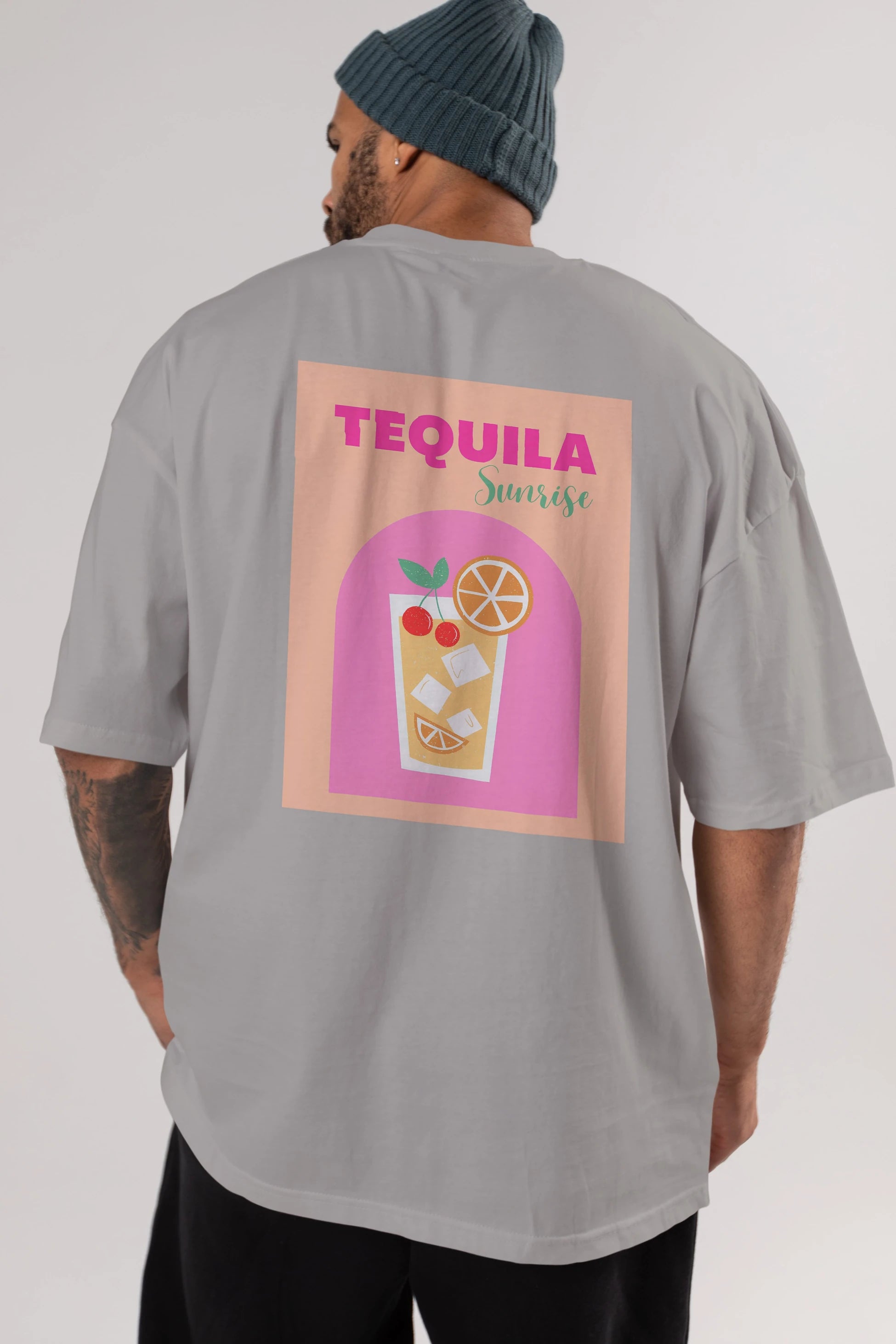 Tequila Sunrise 2 Arka Baskılı Oversize t-shirt Erkek Kadın Unisex %100 Pamuk Bisiklet Yaka tişort