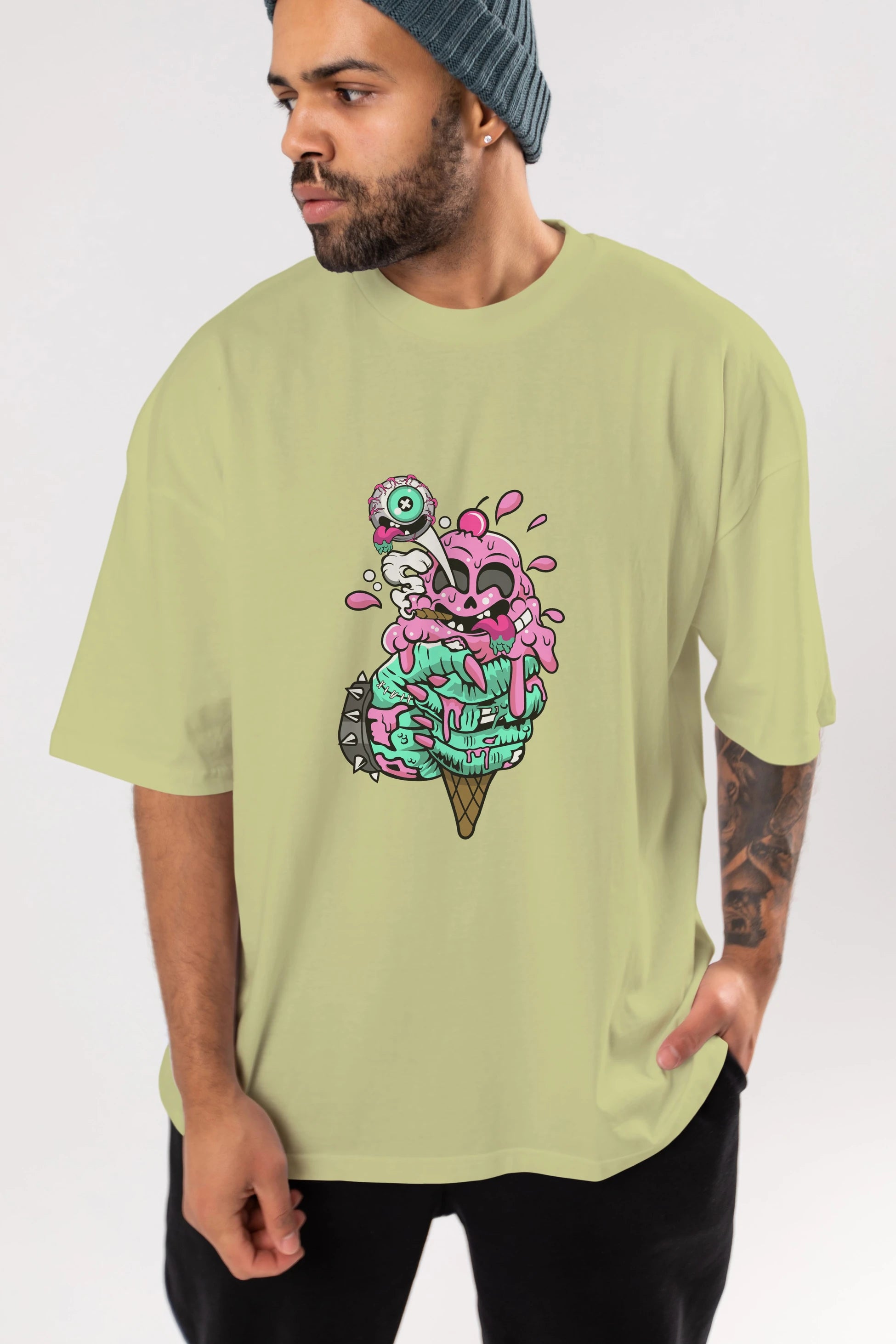 Ice Cream Zombie Ön Baskılı Oversize t-shirt Erkek Kadın Unisex %100 Pamuk tişort