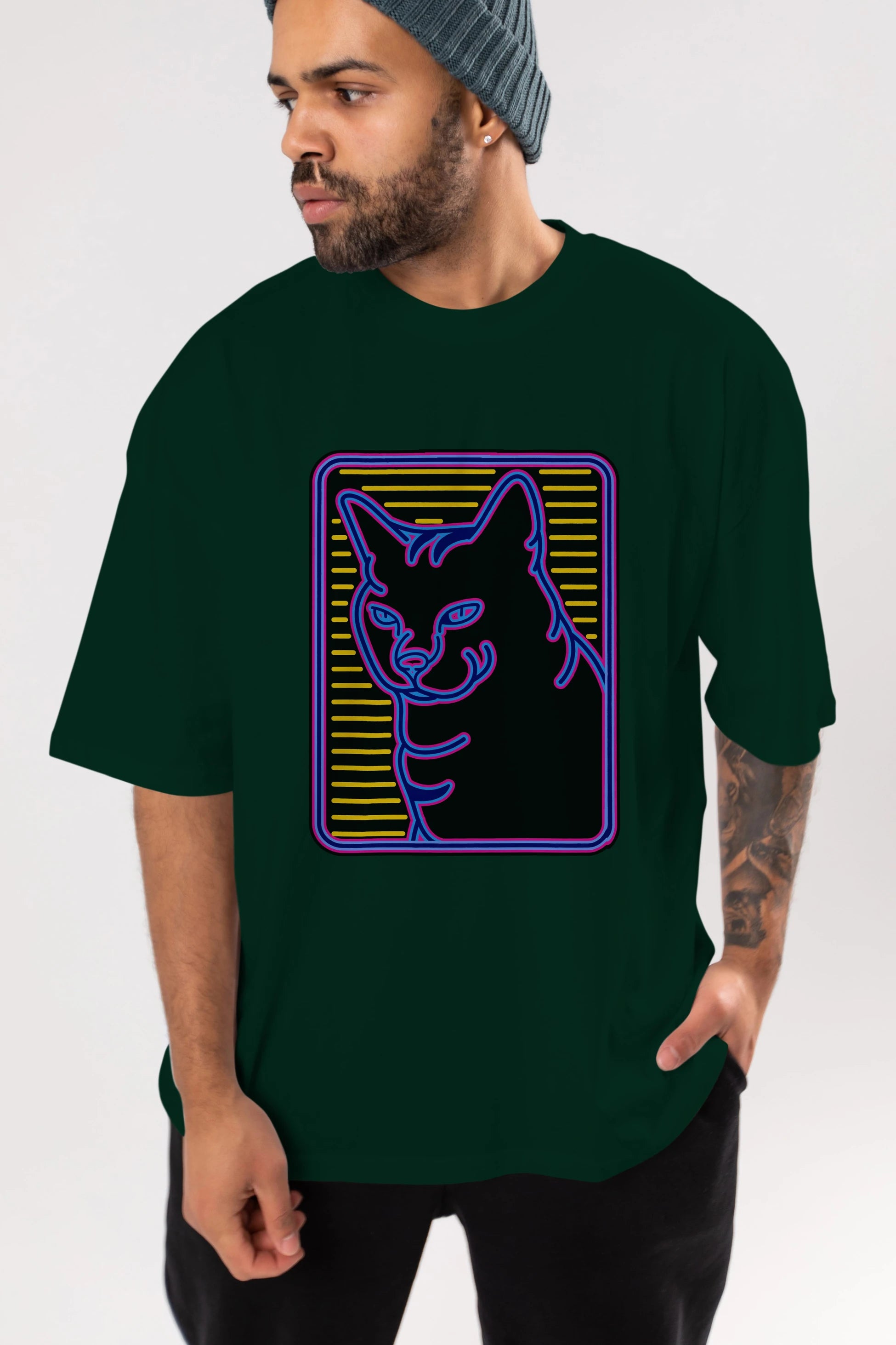Neon Cat Ön Baskılı Oversize t-shirt Erkek Kadın Unisex