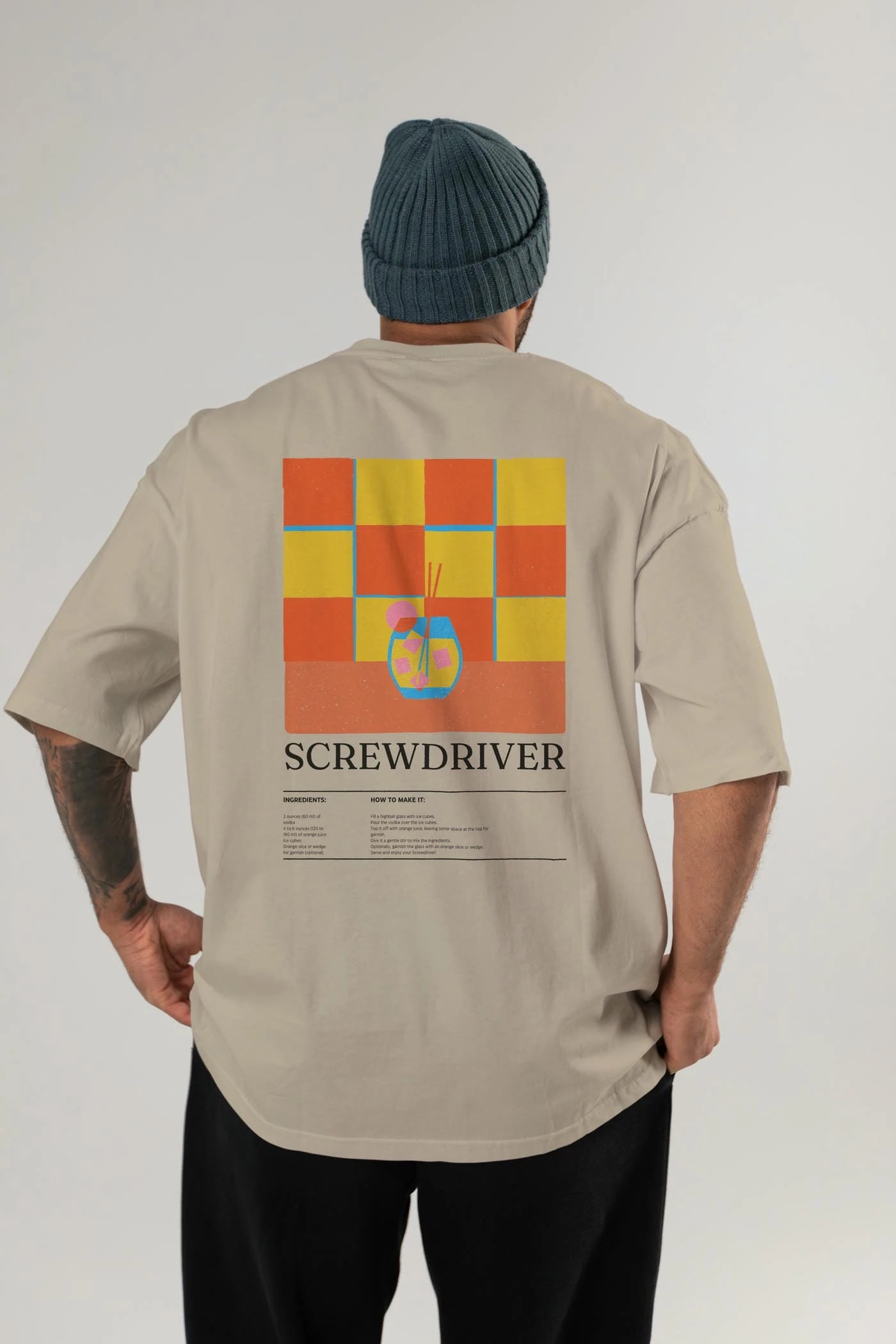 Screwdriver Kokteyl Serisi Arka Baskılı Oversize t-shirt Erkek Kadın %100 Pamuk Bisiklet Yaka tişort