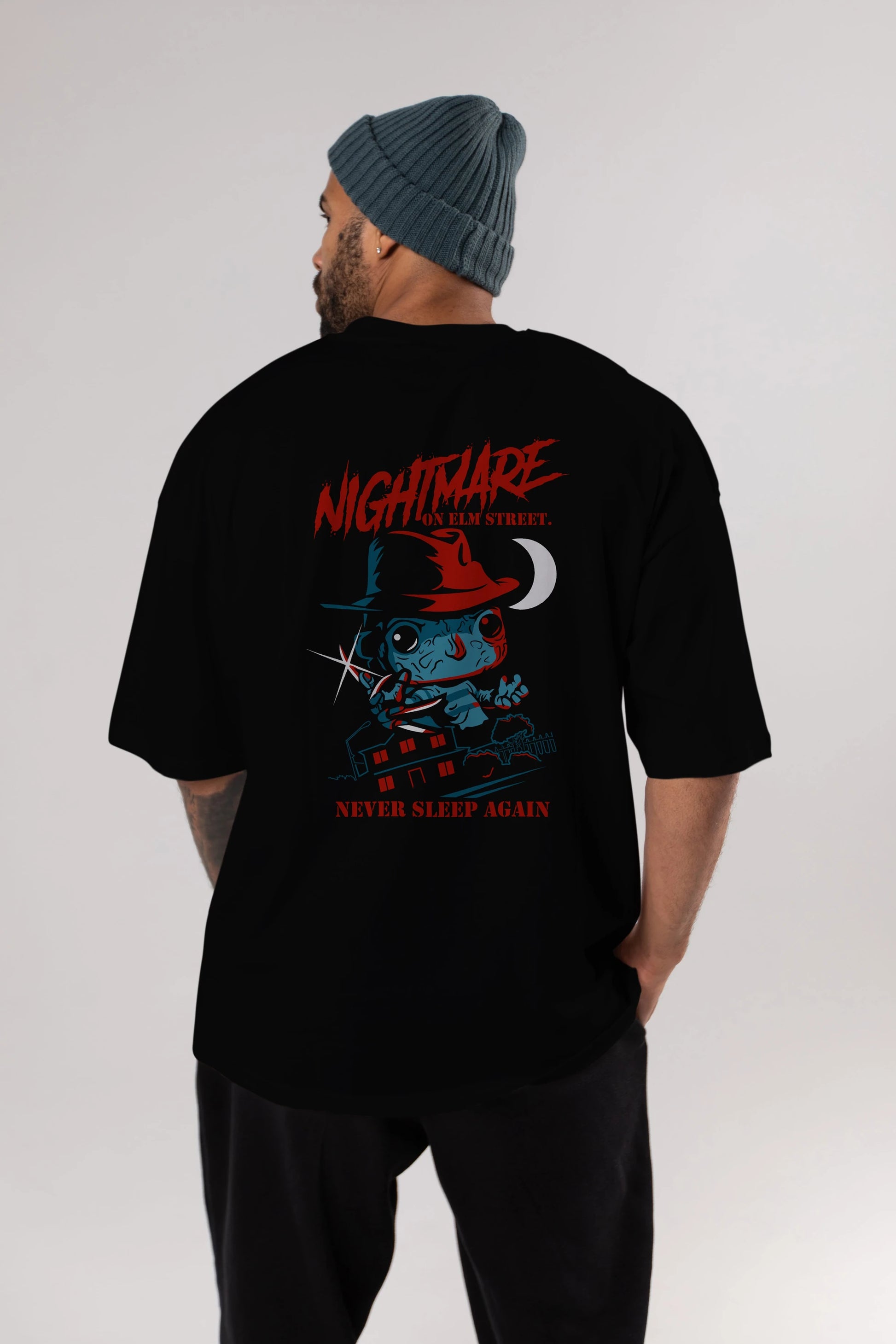Nightmare Elm Sokağı Arka Baskılı Oversize t-shirt Erkek Kadın Unisex %100 Pamuk Bisiklet Yaka tişort