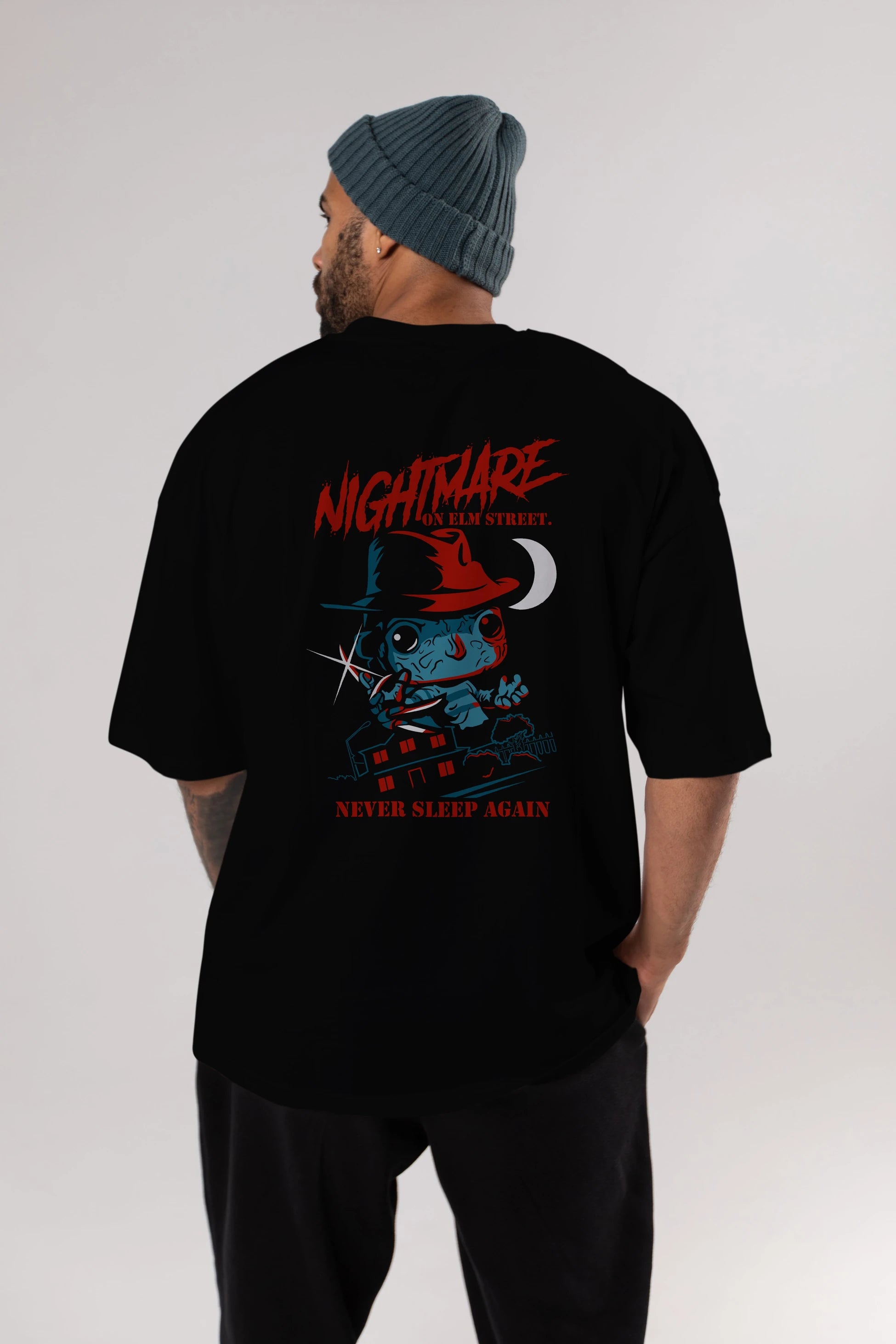 Nightmare Elm Sokağı Arka Baskılı Oversize t-shirt Erkek Kadın Unisex %100 Pamuk Bisiklet Yaka tişort