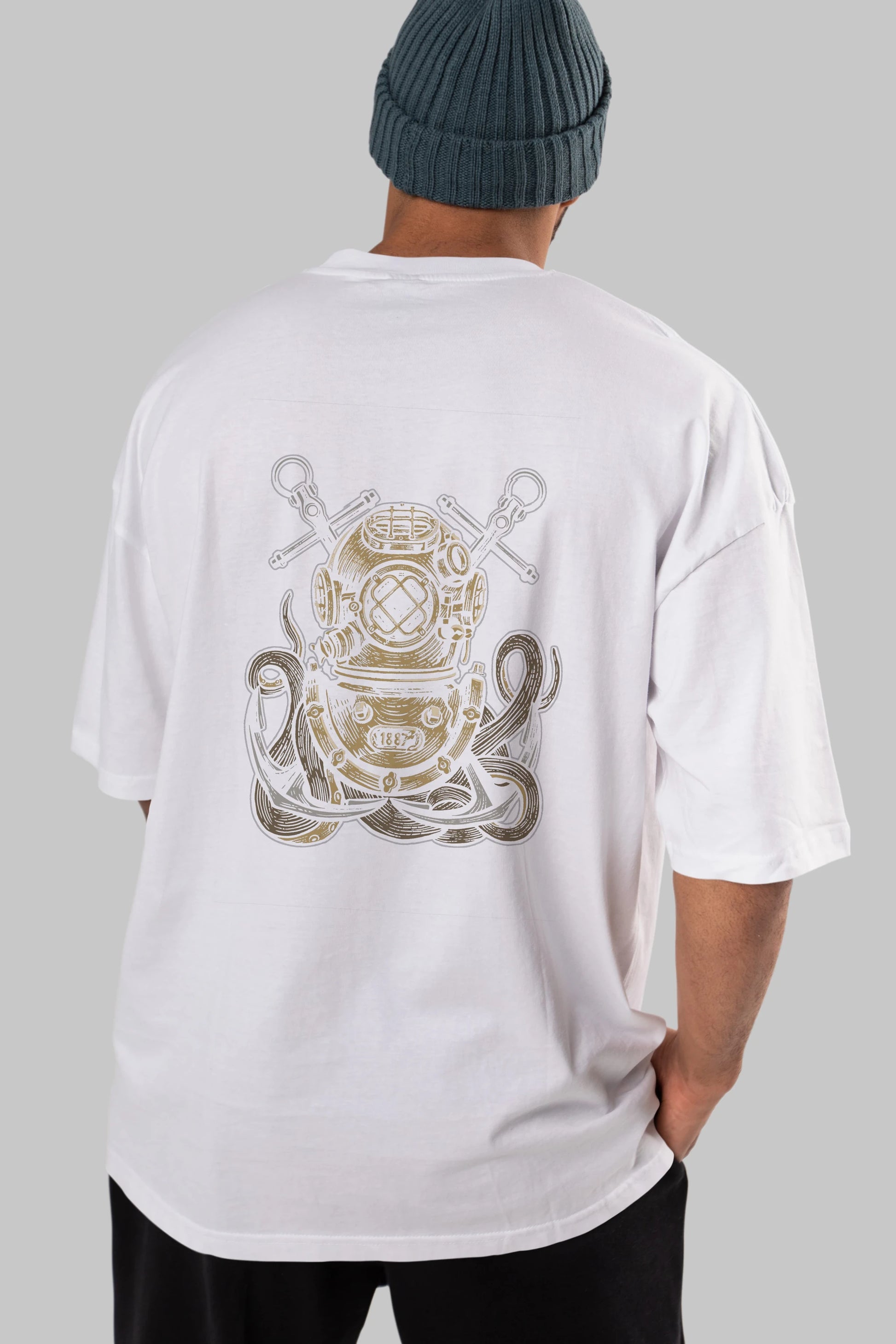 Diver Octopus Arka Baskılı Oversize t-shirt Erkek Kadın Unisex %100 Pamuk