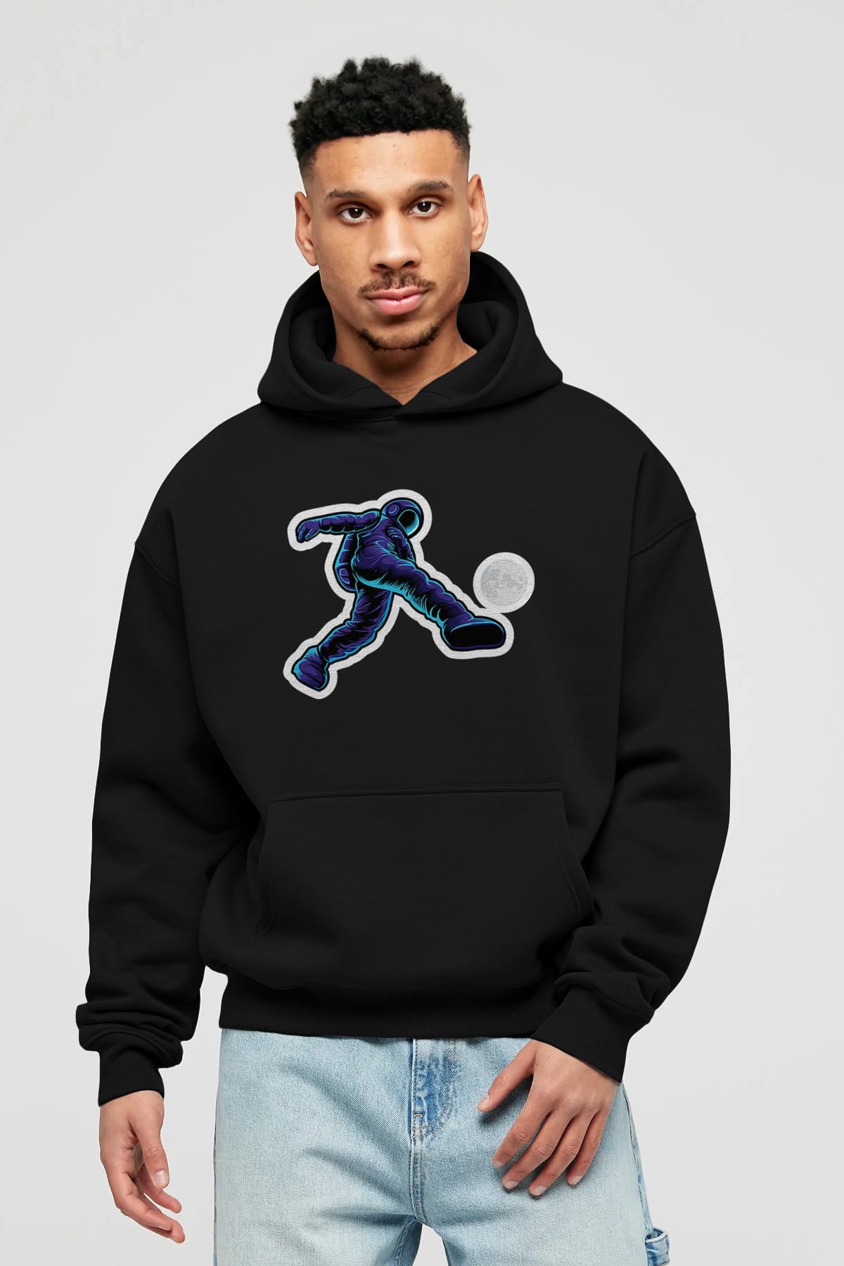 Astroball in Space Sticker Ön Baskılı Hoodie Oversize Kapüşonlu Sweatshirt Erkek Kadın Unisex