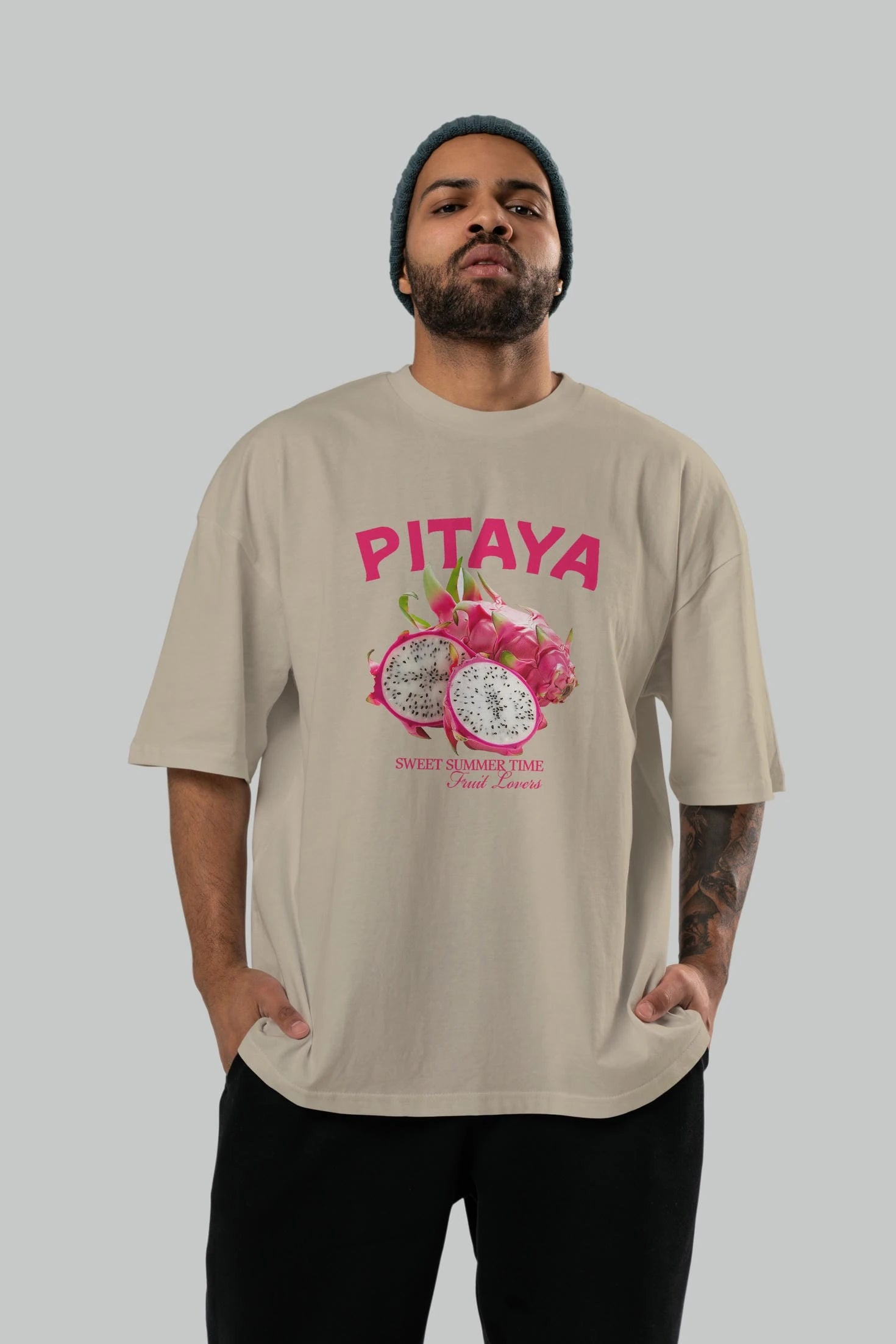 Pitaya Ön Baskılı Oversize t-shirt Erkek Kadın Pamuk Bisiklet Yaka tişort