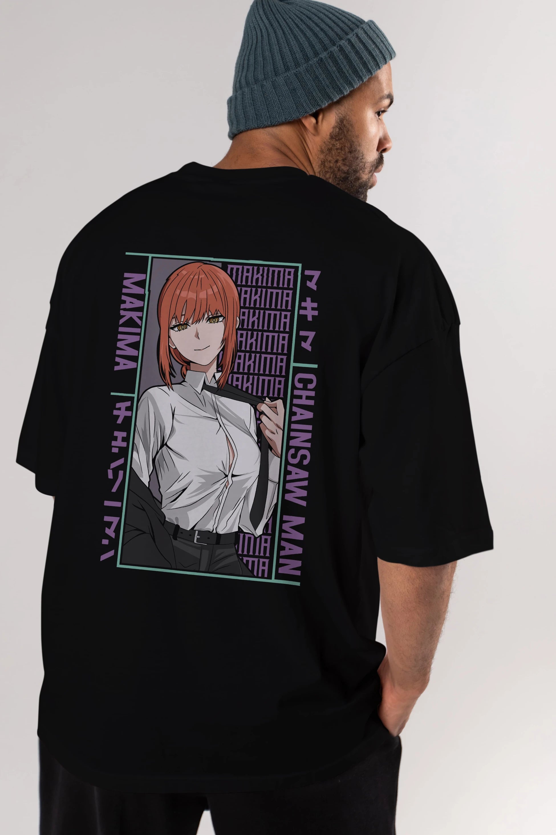 Makima Chain Saw Man Anime Arka Baskılı Oversize t-shirt Erkek Kadın Unisex