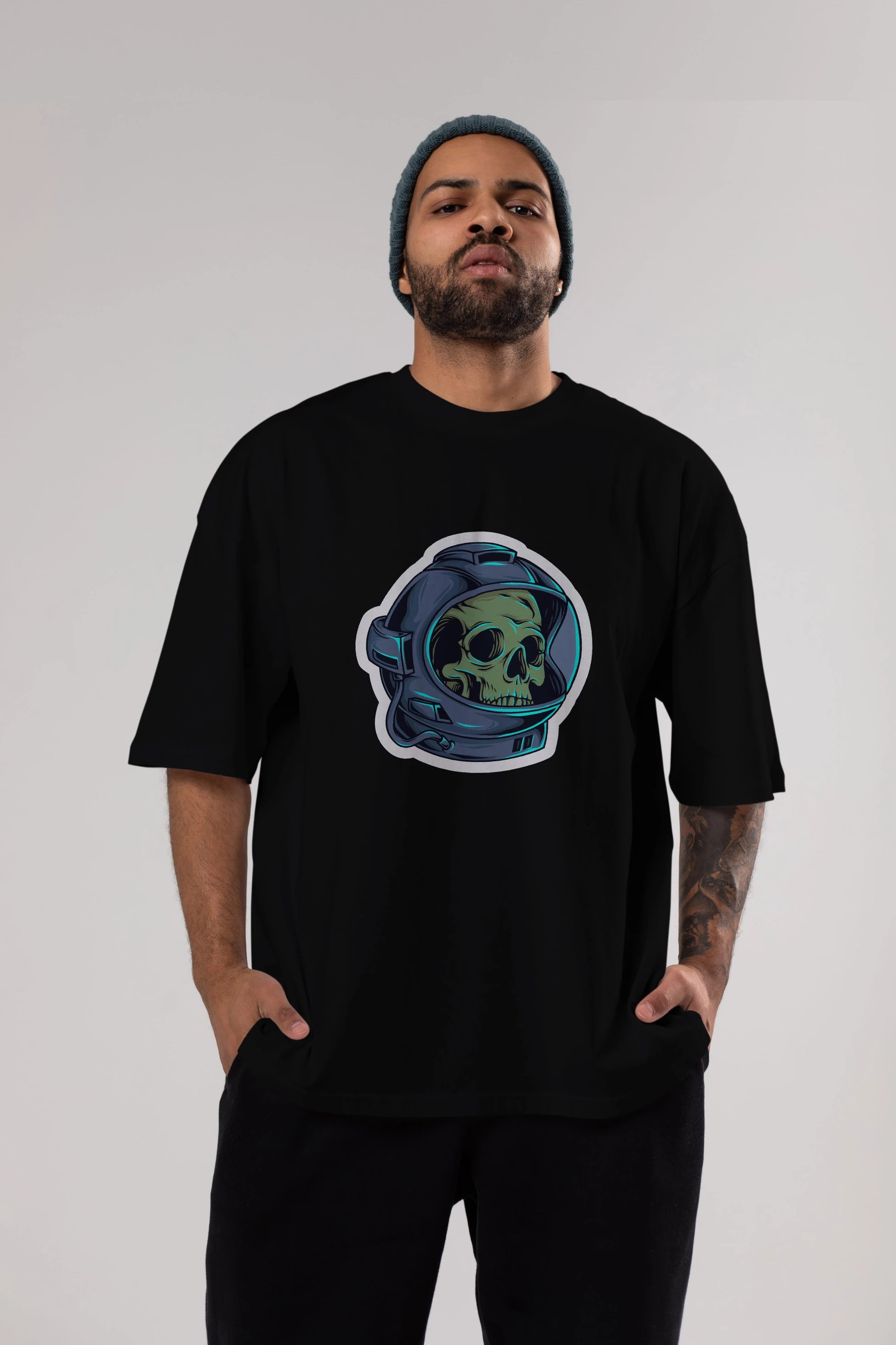 Astroskull Sticker Ön Baskılı Oversize t-shirt Erkek Kadın Unisex