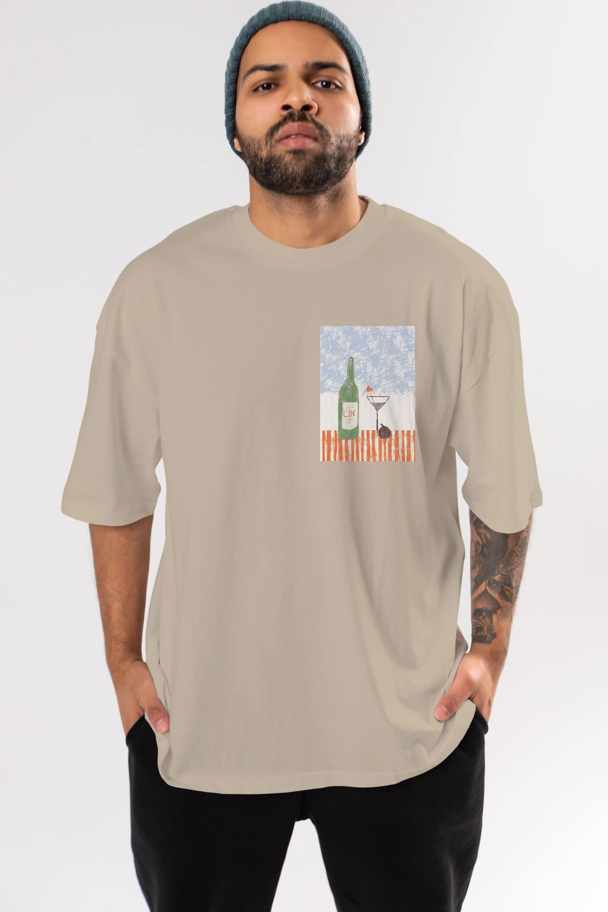 Gin Ön Sol Baskılı Oversize t-shirt Erkek Kadın Unisex %100 Pamuk Bisiklet Yaka tişort