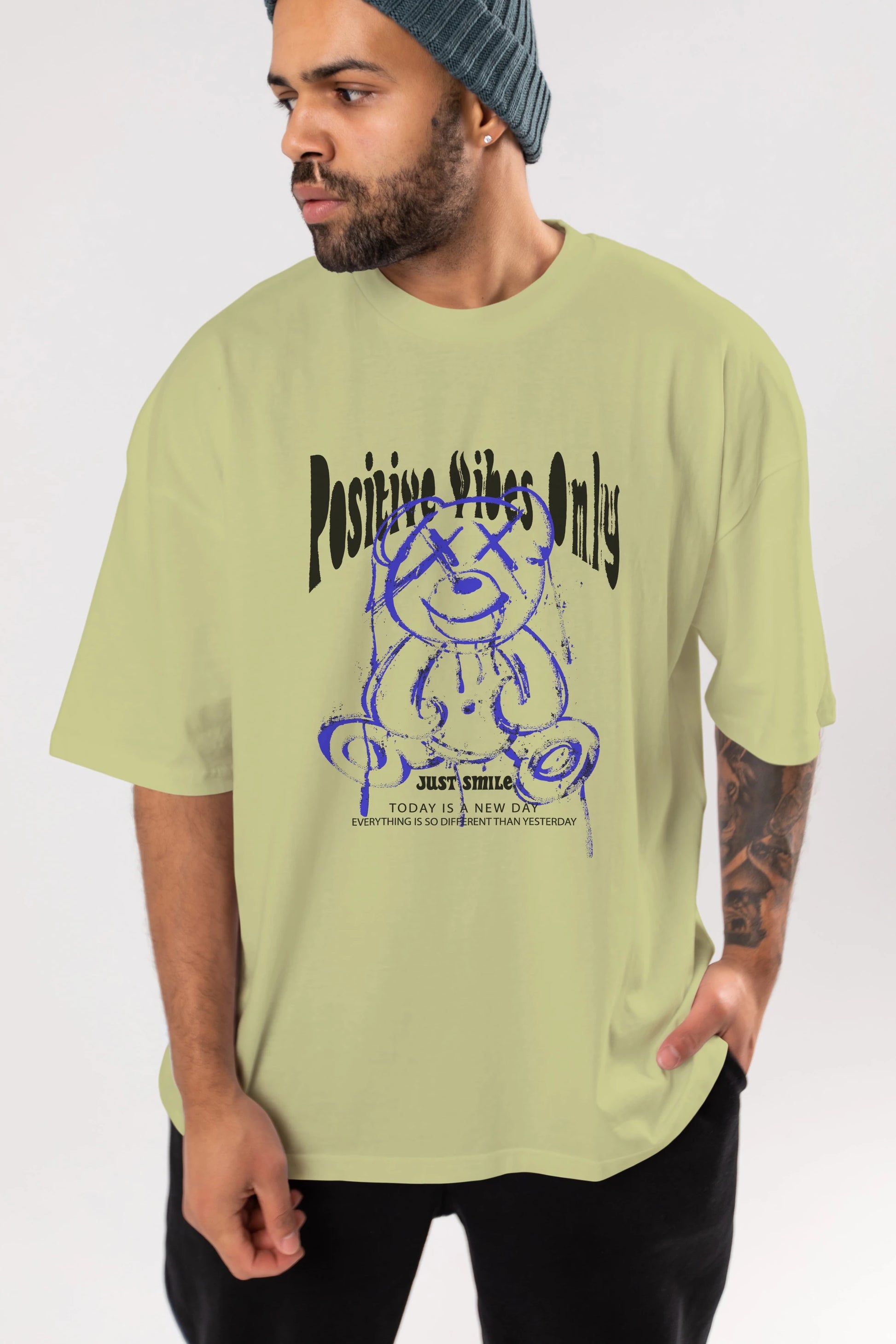 Positive Vibes Only Bear Ön Baskılı Oversize t-shirt Erkek Kadın Unisex