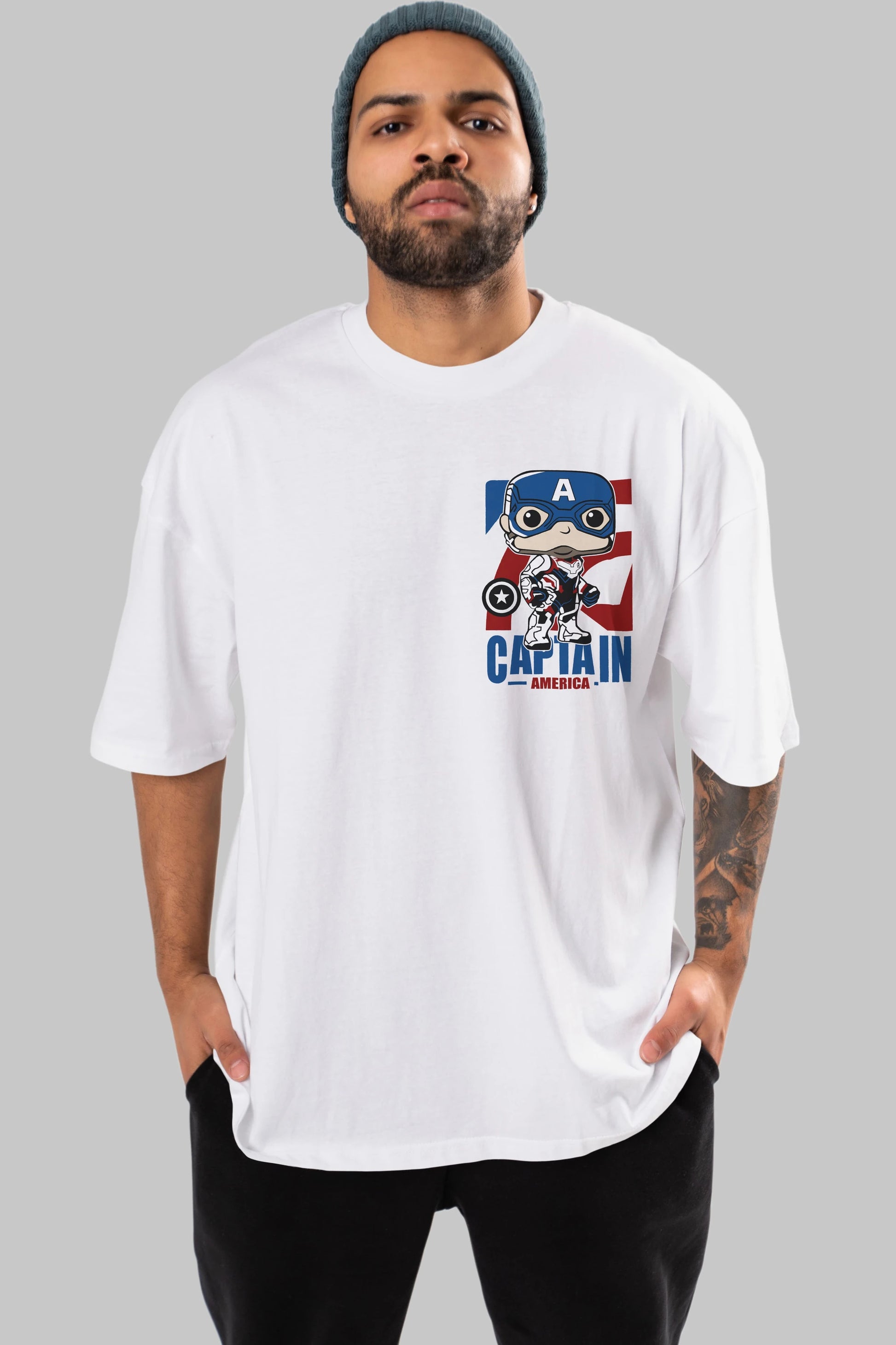 Captain America Ön Sol Baskılı Oversize t-shirt Erkek Kadın Unisex %100 Pamuk Bisiklet Yaka tişort