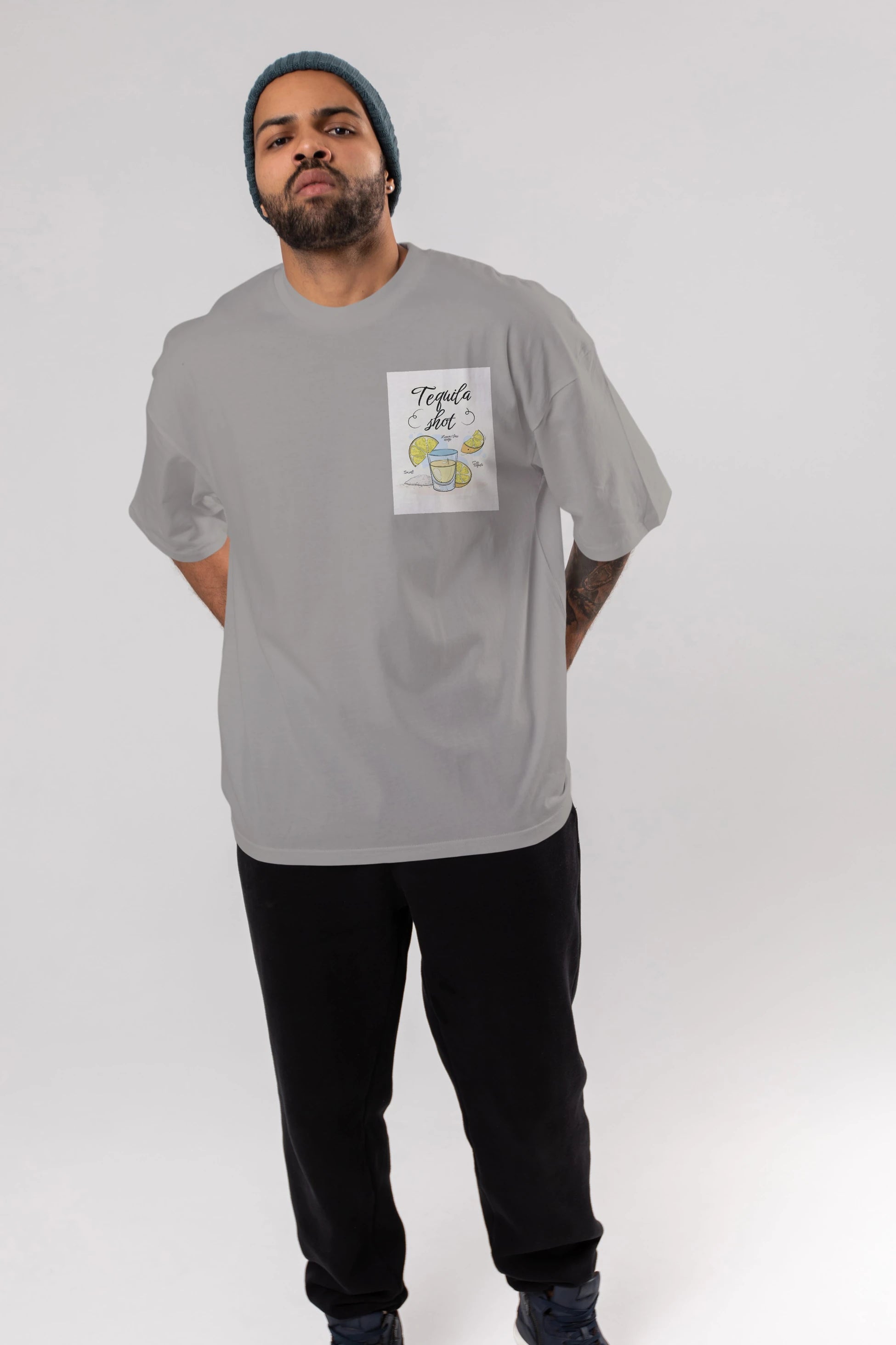 Tequila Shot Ön Sol Baskılı Oversize t-shirt Erkek Kadın Unisex %100 Pamuk Bisiklet Yaka tişort